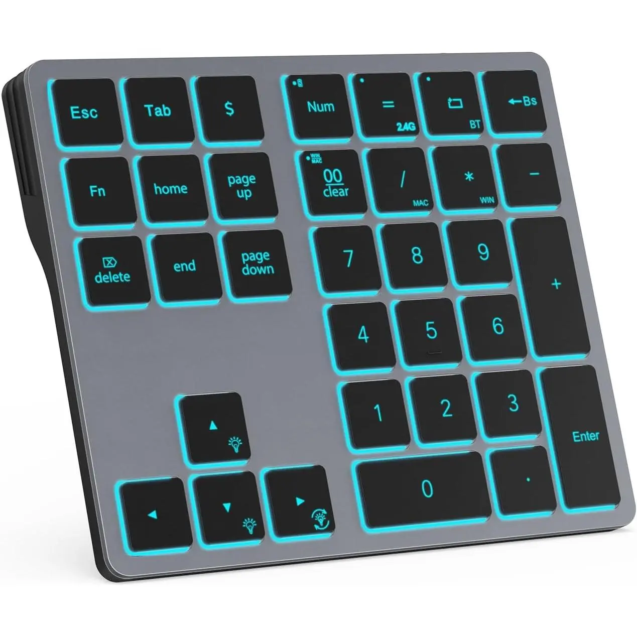 & 2.4G USB  Numeric Keypad for Laptops, PC Computers Macbooks & Tablets,  Mode Number pad 34  with 7-Color Backlit for Windows, MacOS & iOS, Gray