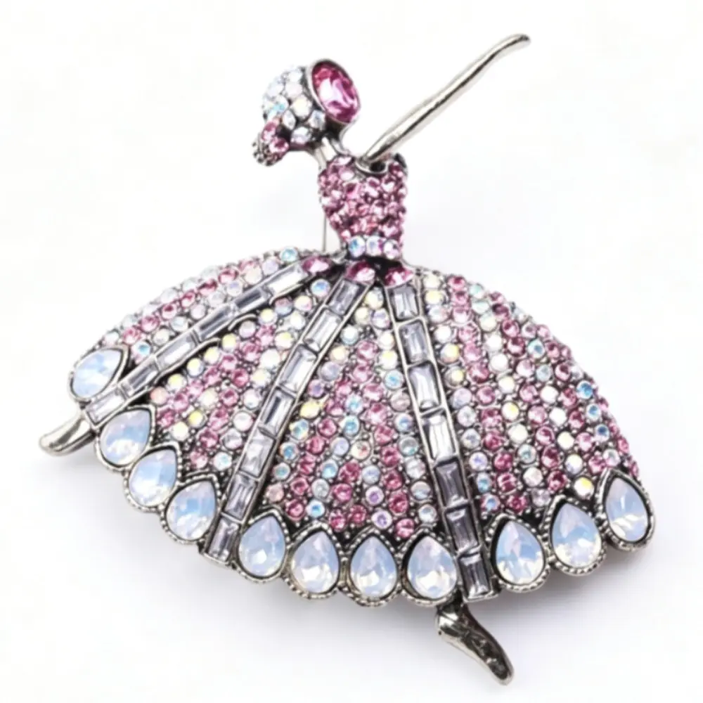 Unisex Elegant Sparkling Ballerina Brooch Shiny Pink Opal-Accent Metal Statement Pin for Daily