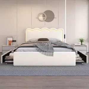 Modern Metal Platform Bed With 4 Large Capacity Drawers, Adjustable Headboard, RGB LED Lights, Easy Assembly