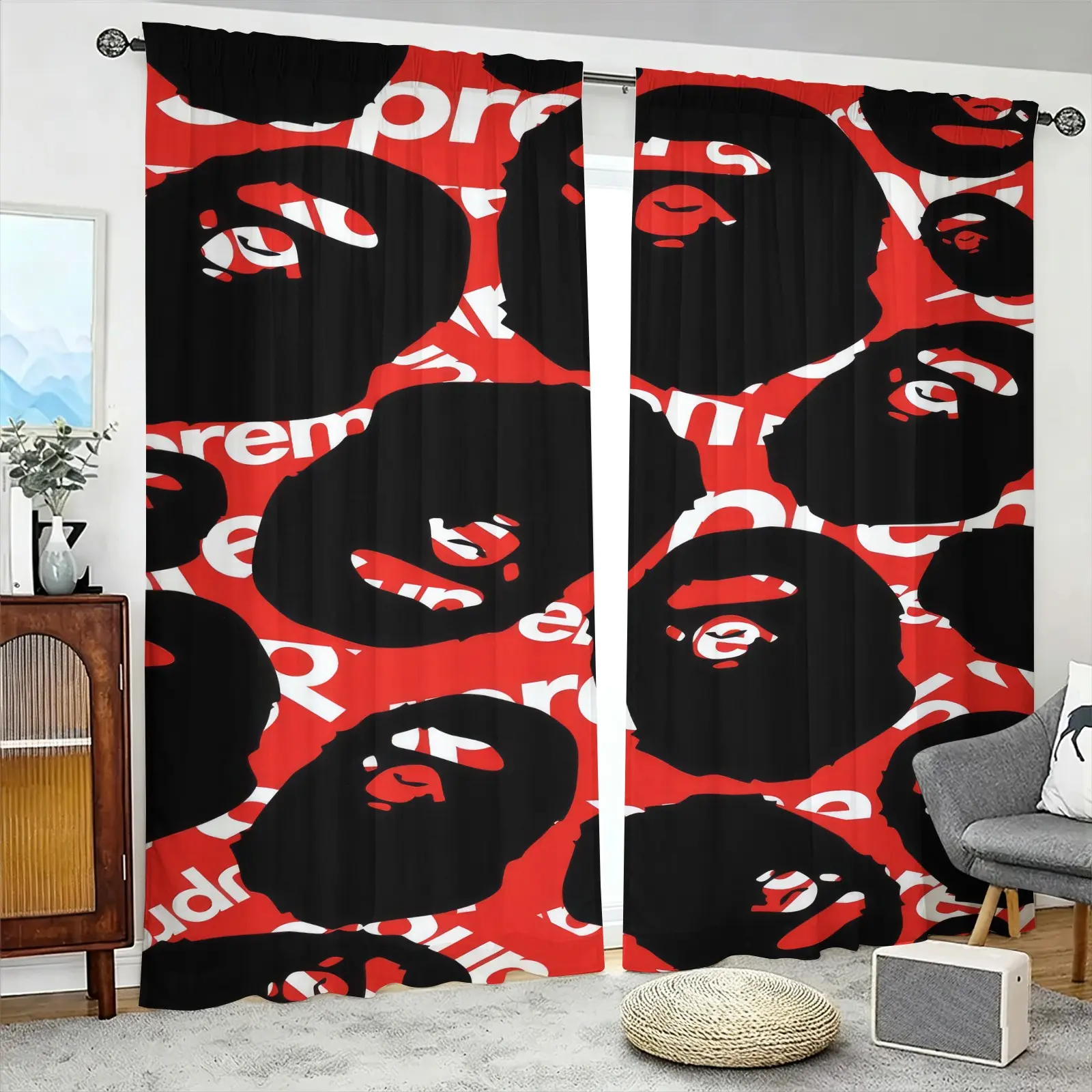 Streetwear Ape Head Pattern Set of 2 Brushed Fabric Curtains, Semi-Transparent & Fade Resistant, Through Rod Hanging Design, Machine Washable, for Teen Boys Bedroom, Living Room