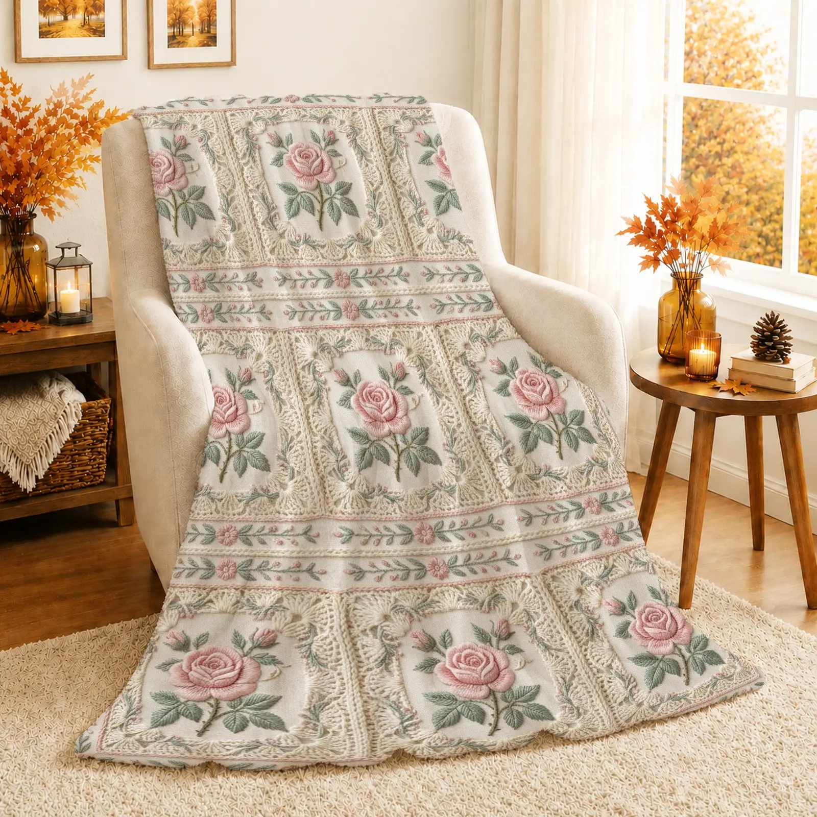 1pc Pink Rose Floral Blanket, Vintage Cottagecore Style, Elegant Embroidered Design with Decorative Border, for Sofa Bedroom Living Room and Home Decor