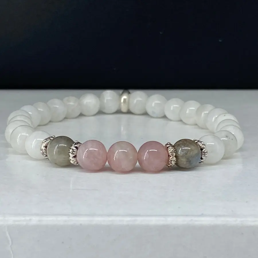 Classic 1-Piece White Marble, Labradorite, and Rose Quartz Bracelet with Marble Stones for Adults, Any Occasion, One-Piece