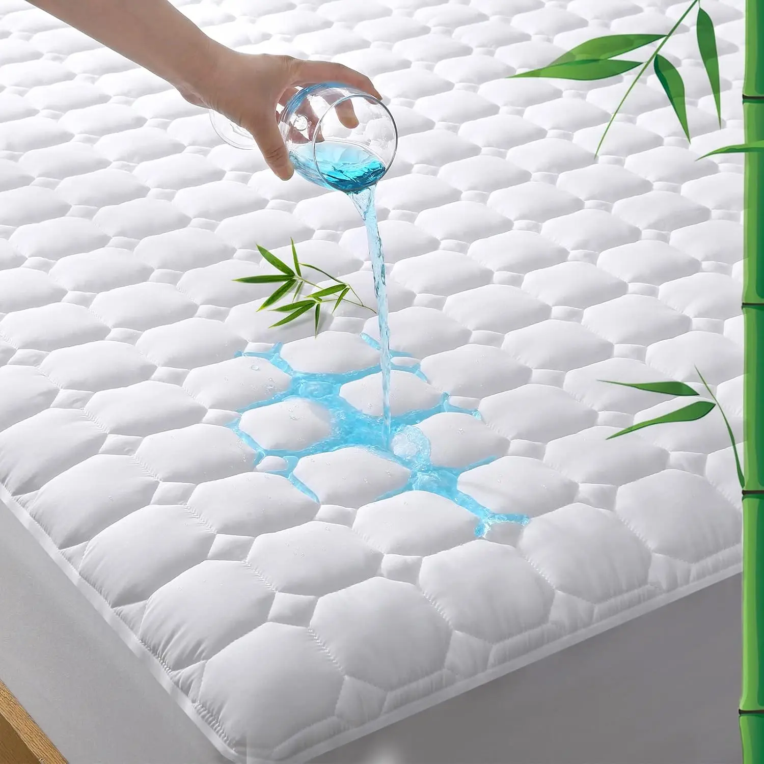 Queen Mattress Protector Waterproof Rayon from Bamboo, Deep Mattress Pad Cover Fit up to 6''-21'', Breathable Soft Filling Quilted Fitted Mattress Topper