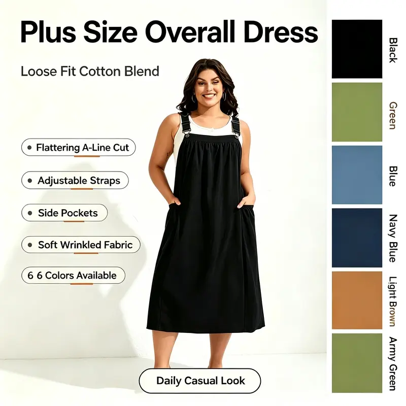 Plus Size Women Cotton Overall Midi Dress, Adjustable Strap Solid A-Line Sleeveless Pinafore Dress, Gathered Loose Casual Dress with Side Pockets Summer Daily Wear