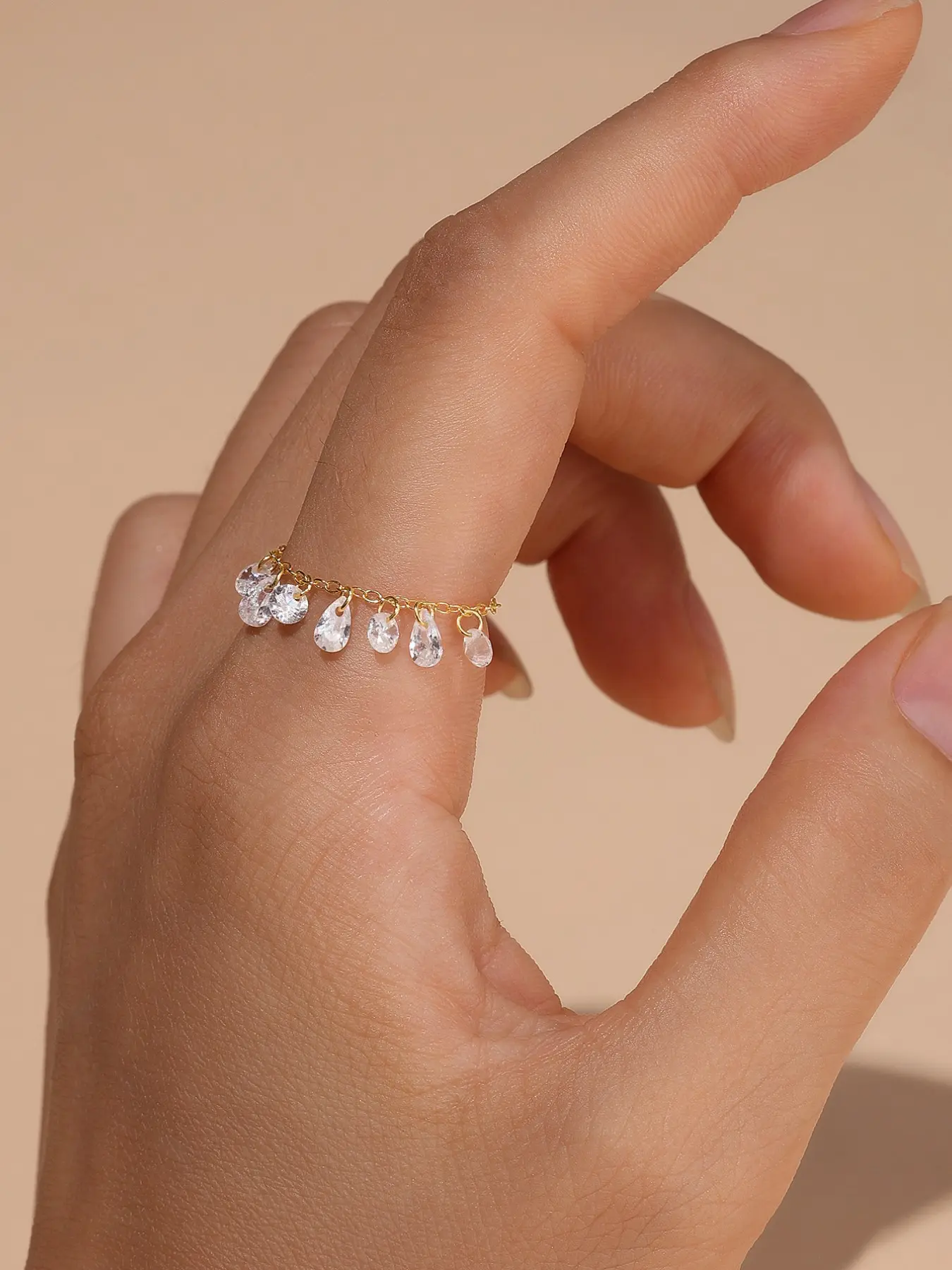 925 Sterling Silver Tassel Crystal Dangling Beads Link Chain Ring for Women Elegant Everyday Ring 18K Gold Plated Teardrop Statement Rings Stacking Finger Band Fashion Jewelry