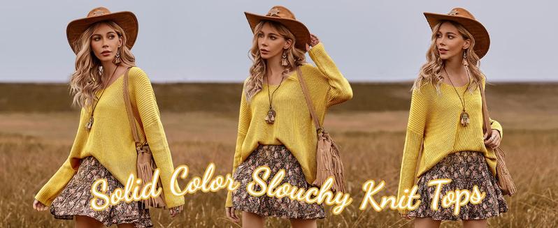 Womens V Neck Oversized Sweater Long Sleeve Knit Pullover Loose Fit