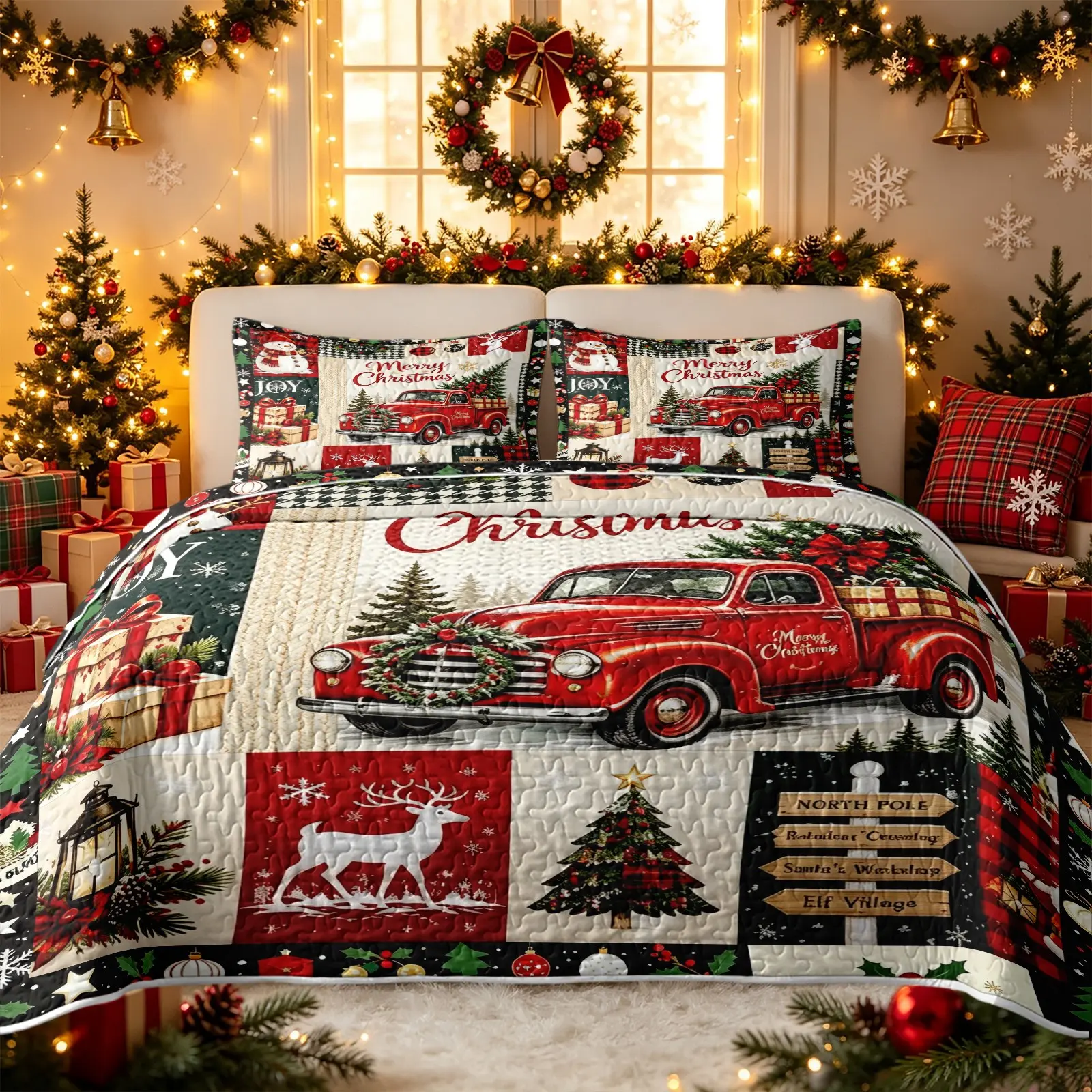 3Pcs Vintage Red Truck Christmas Patchwork Quilt Set Includes 1 Quilt and 2 Pillowcases Red Plaid Snowman Elk Gift Box Collage Print American Country Holiday Style Reversible Lightweight Bedding No Inner Filling All Season Christmas Keepsake Gift