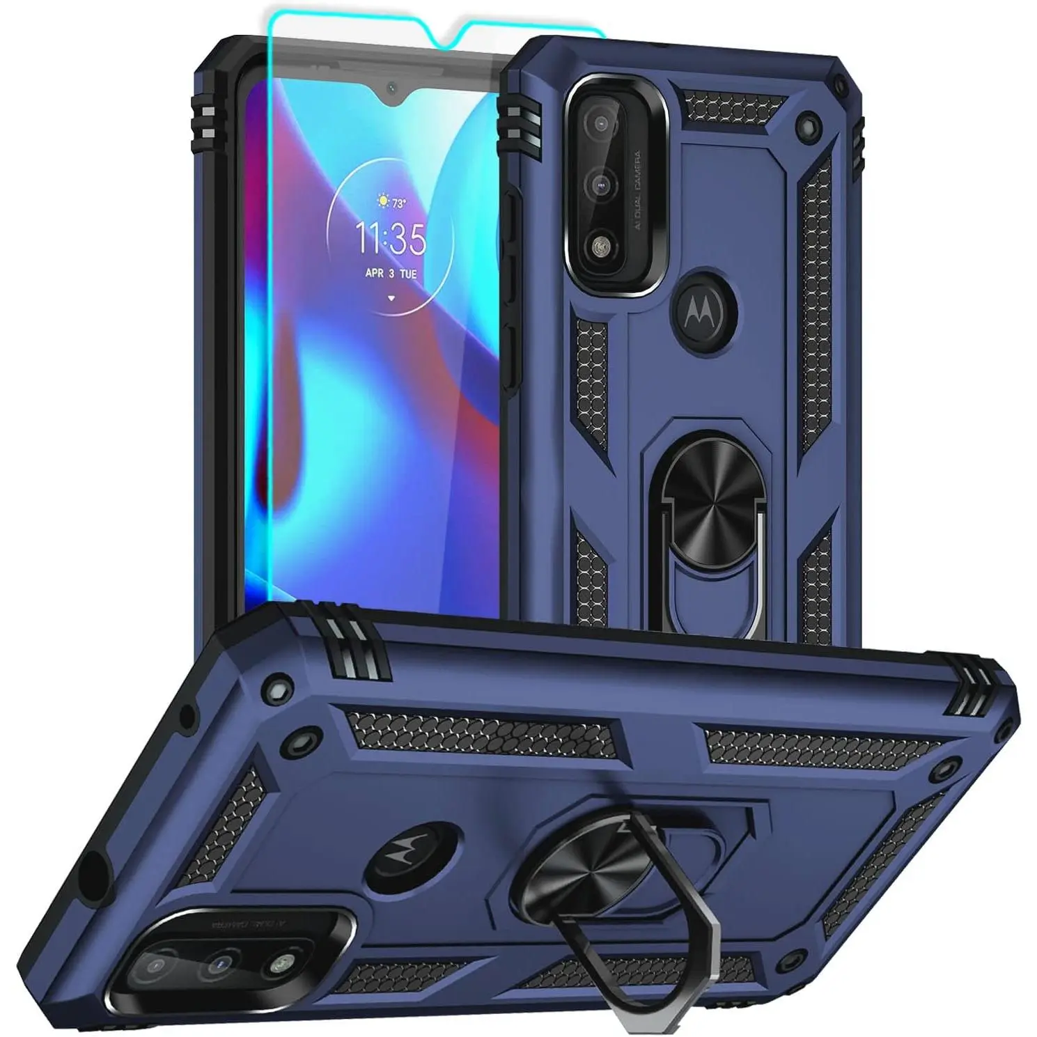 Moto G Play 2023 & Motorola G Pure Smartphone Case with HD Screen Protector - 16ft Drop-Tested Military-Grade Ring Shockproof Cover, Blue Handheld Cellphone Accessory with Enhanced Casing Protection