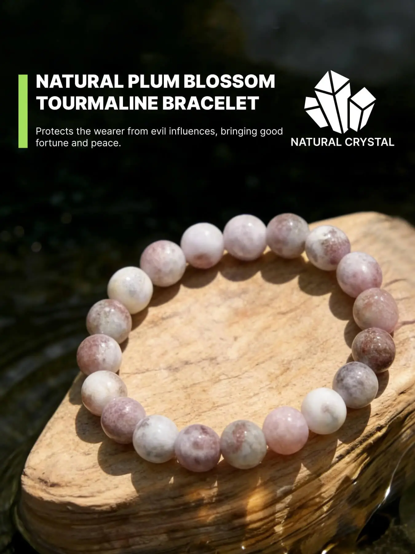 This plum blossom tourmaline natural crystal bracelet is dyed in a dreamy pink-purple, reminiscent of plum blossoms quietly blooming in winter. It symbolizes that the wearer does not go with the flow and always maintains a clear mind and noble character.