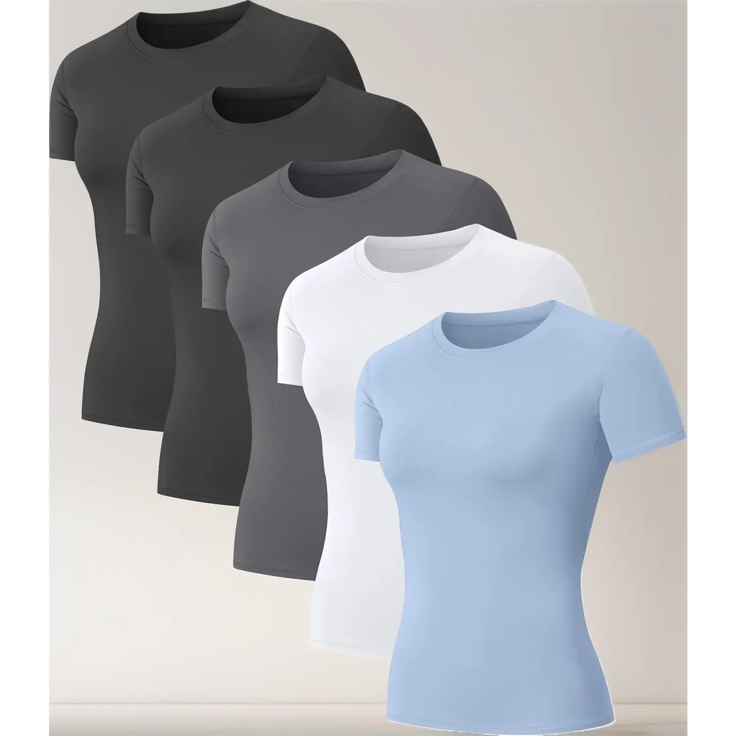 5-Pack Women's Compression Shirts, Solid Short Sleeve Round Neck Tops, Quick-Dry Breathable Polyester Blend for Gym and Running