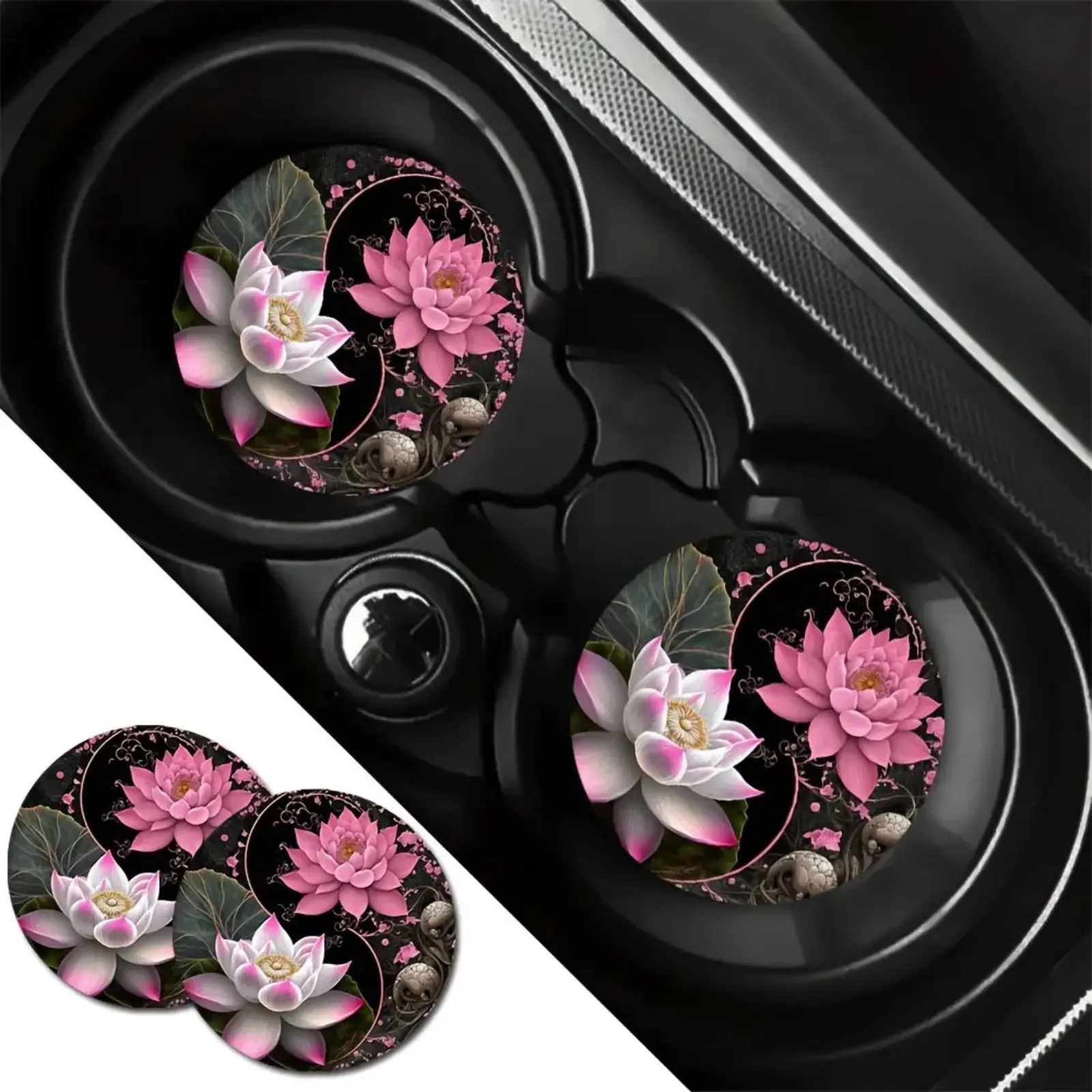 Yin Yang Pink Lotus Car Coasters, 2 Pack Absorbent Cotton Cup Holder Liners, Anti-Slip Washable Accessories for Car Interior