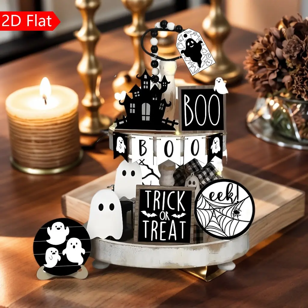 Halloween 2D Wooden Tiered Tray Decor Set, Ghost House Boo Spider Web Trick or Treat Table Decoration, Festival Party Dining Table Ornament
