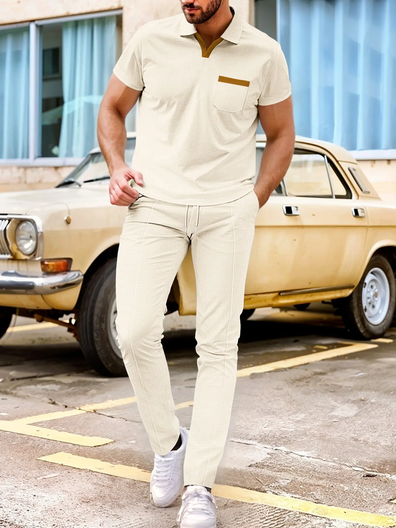 2026 New Men's Suit Set, Casual Asymmetrical Blazer & High-Waist Pants, Short Sleeve, Ankle-Length, All-Season Fashion