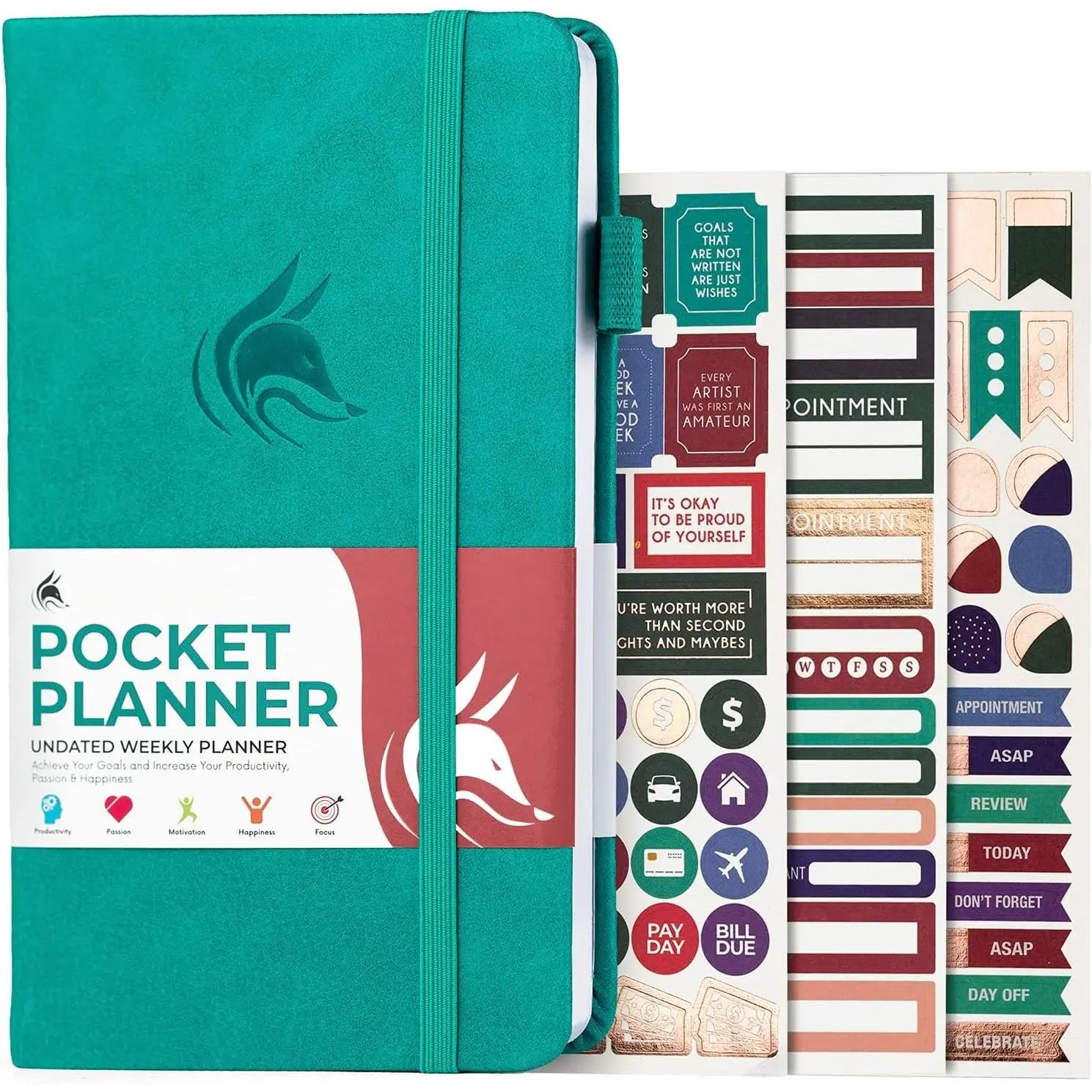 Pocket Planner, Mini Undated Weekly Calendar, Small Turquoise | Compact 3.7 x 6.7 in size, purse-friendly format, undated pages for flexible planning, 120gsm paper, eco leather hardcover