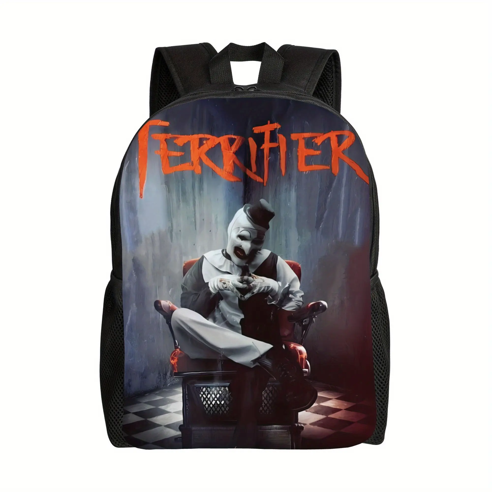 Horror Cartoon Character Terrifier Art The Clown Laptop Backpack - Waterproof Oxford Fabric, 2D Sublimated Print, Adjustable Padded Shoulder Straps, Dark Tones, Cinematic Look Bag for Adult Horror Fans, Halloween Parties