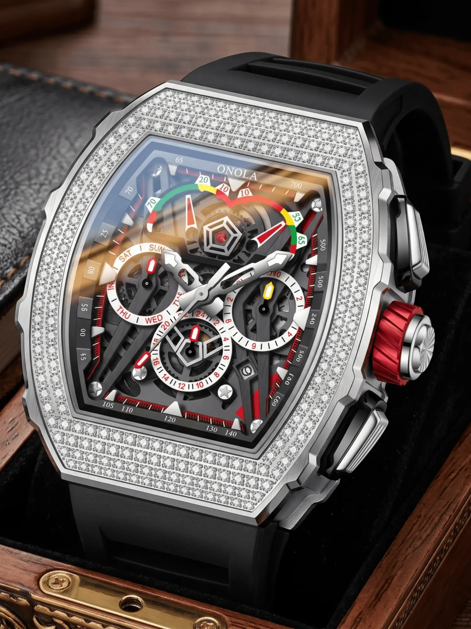 ONOLA Men's Mechanical Watch, Fashion Automatic Wristwatch Men Tonneau Hollow Hand Watch Diamond Bezel Week Calendar Chronograph Mechanical Watch Silicone Strap Luxury Sports Wristwatch For Male