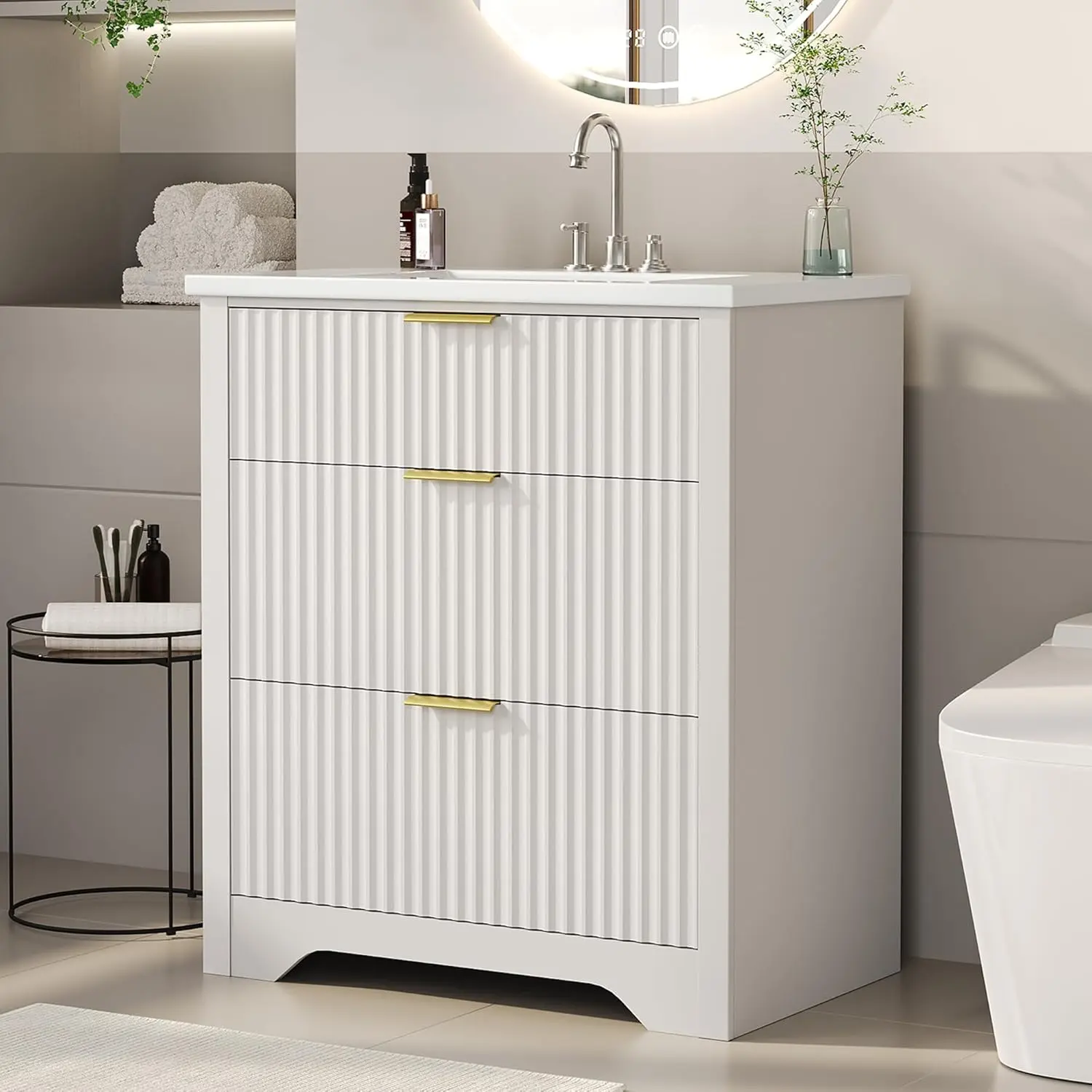 24" Fluted Bathroom Vanity with Sink, Farmhouse Freestanding Bathroom Sink Cabinet with 2 Drawers & 1 Flip-Down Drawer, Easy Assembly & Cleaning, White