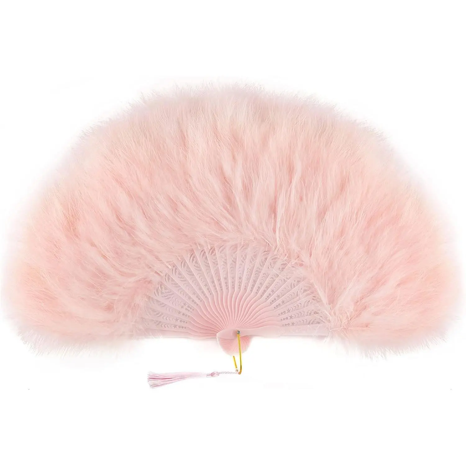 20in Unfolded Vintage Gatsby Folding Flapper Hand Fan - 20s Marabou Feather, Hollow Plastic, Pink Rib with Metal Ring Tassel, Room Costume Accessory for Gatsby Theme Party Photo Decoration, Gatsby Fans