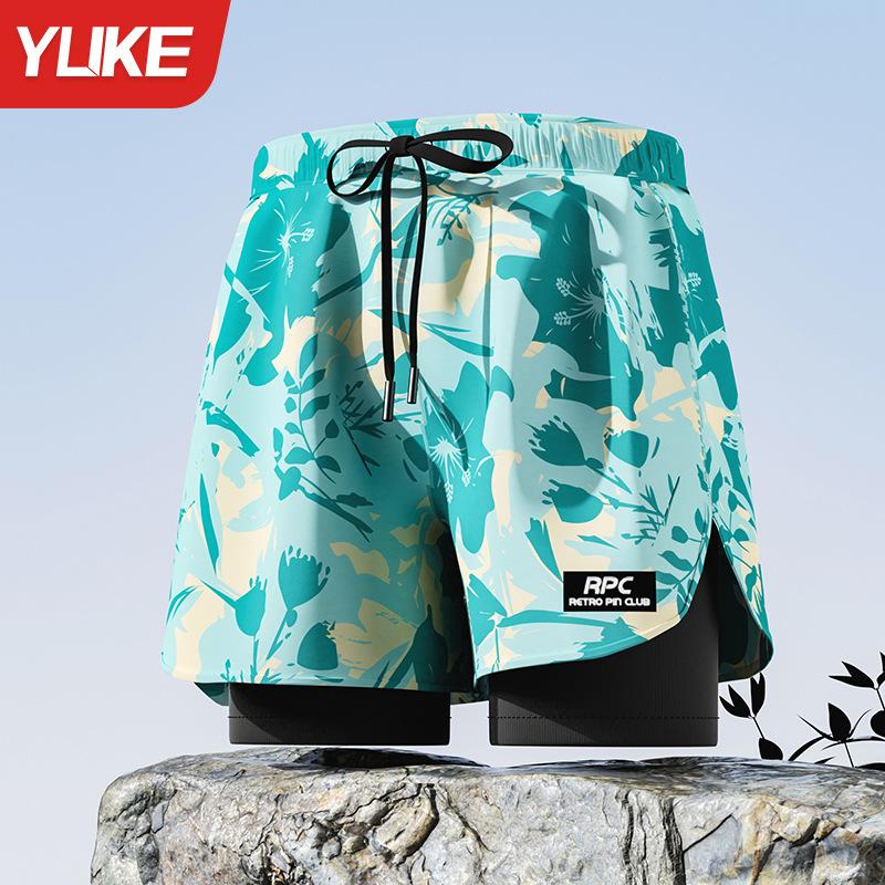 Adult double-layer swimming trunks men's flat-angle five-point swimsuit anti-embarrassment new professional beach adult swimming equipment one piece