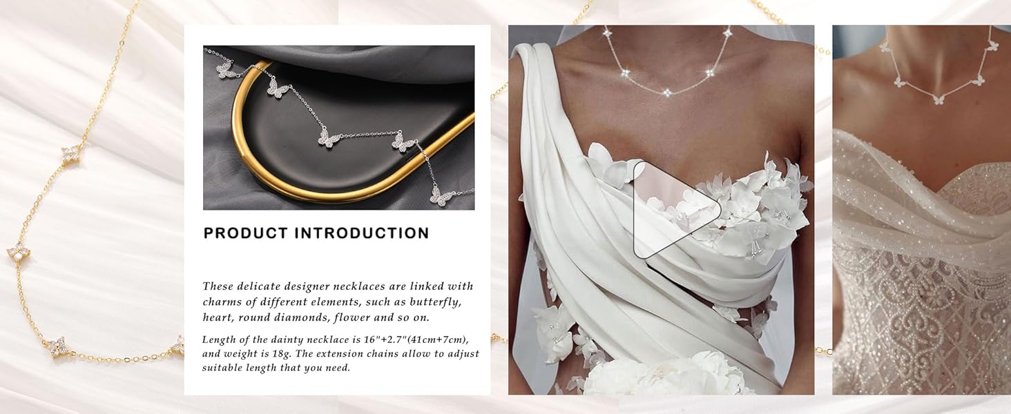 Dainty Silver Gold Necklaces for Women Trendy Non Tarnish 14K Gold Plated Cubic Zirconia Necklace Layered Cute Butterfly Heart Station Choker Necklace Stack for Wedding Prom Brides Jewelry