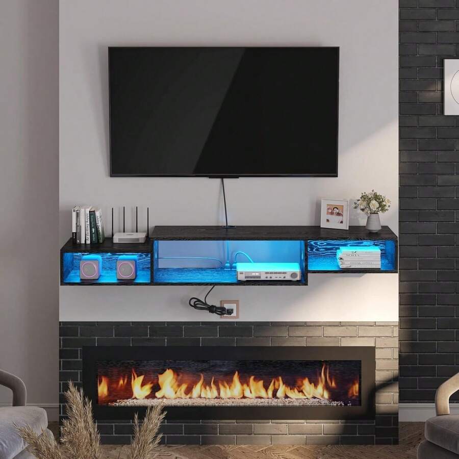 Classic 59" Wall-Mounted TV Stand, Floating TV Shelf with LED Lights and Power Outlet for Cable Box Audio Video, Living Room Bedroom Indoor Furniture (Black/Brown), Wall Mount Classic 59" Wall-Mounted TV Stand, Floating TV Shelf with LED Lights and Power Outlet for Cable Box Audio Video, Living Room Bedroom Indoor Furniture (Black/Brown), Wall Mount