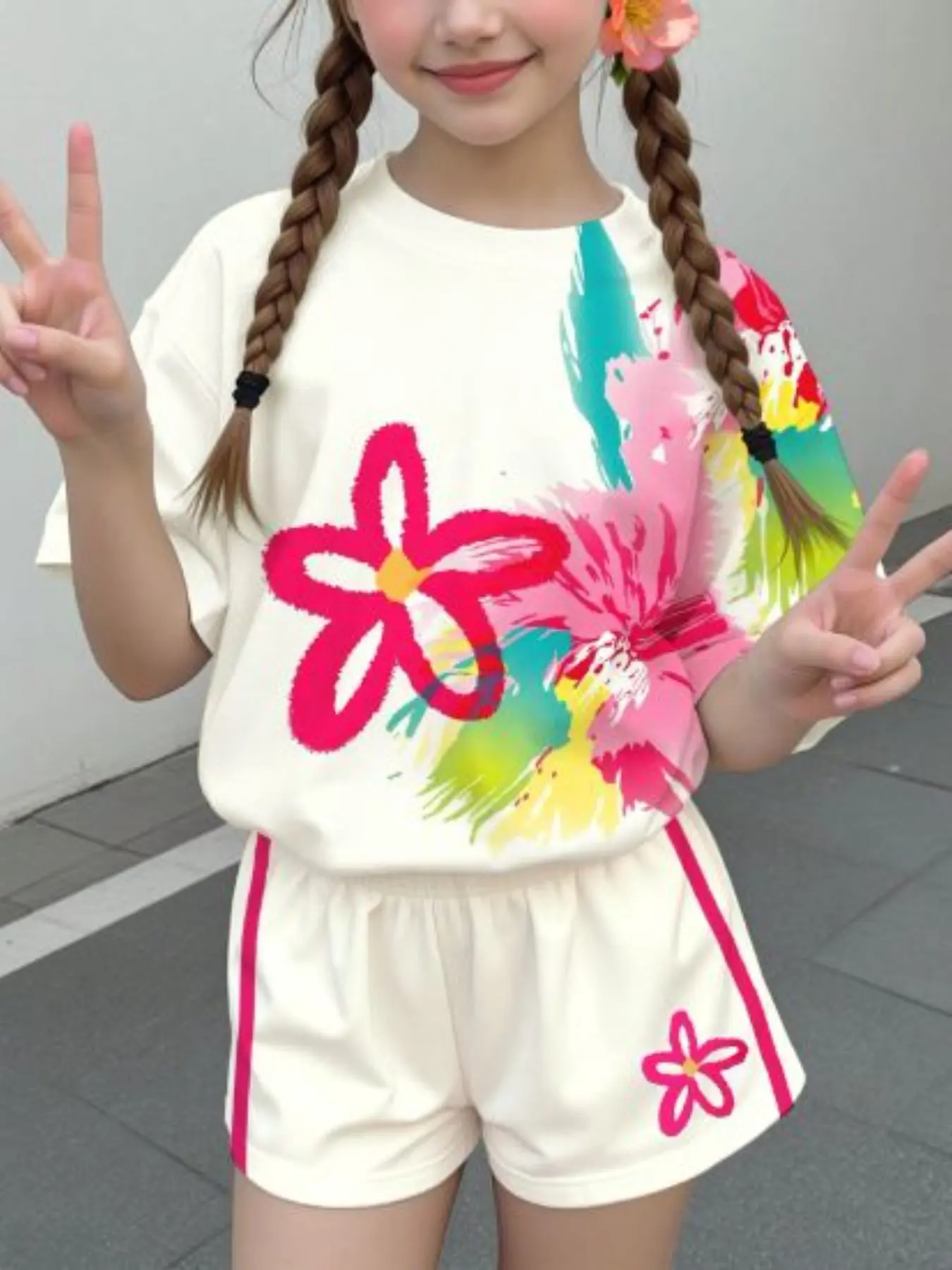2-Piece Summer Teen Girl Casual Short Sleeve T-Shirt and Shorts Set, Floral Print Design, Loose-Fitting Street Style Suit, Matching Set, Summer Clothing Set