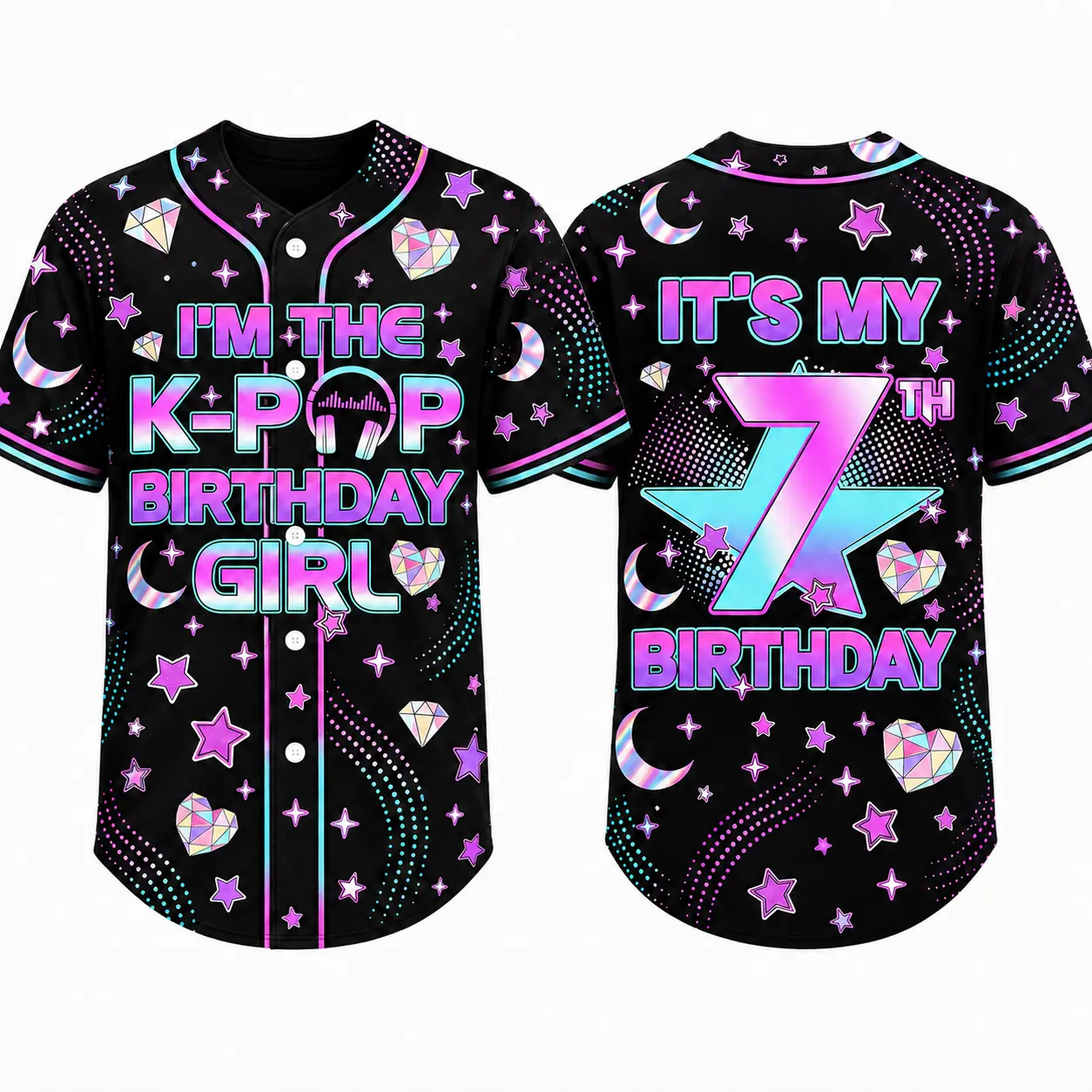 IT'S MY BIRTHDAY K-POP Themed Number Baseball Jersey, I'm The K-Pop Birthday Girl 7-16Years Iridescent Star Moon Print Button Down Top for Girls Teens