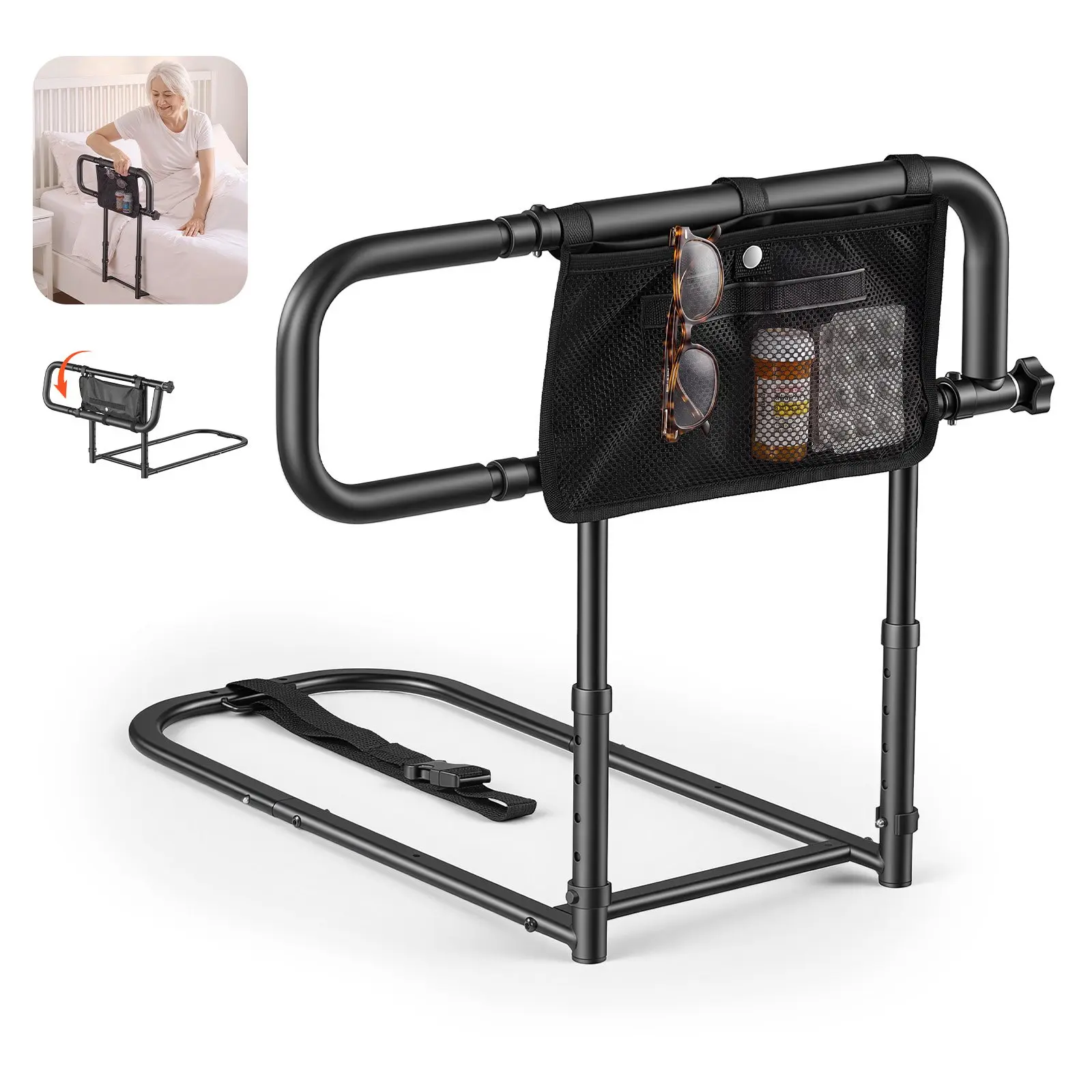 VEVOR Bed Rails for Elderly Adults Folding Bed Side Assist Rail for Seniors, Length & Height Adjustable, High-Strength Steel Bed Cane with Storage Pocket, Fits King Queen Full Twin Bed, 300LBS Suppor