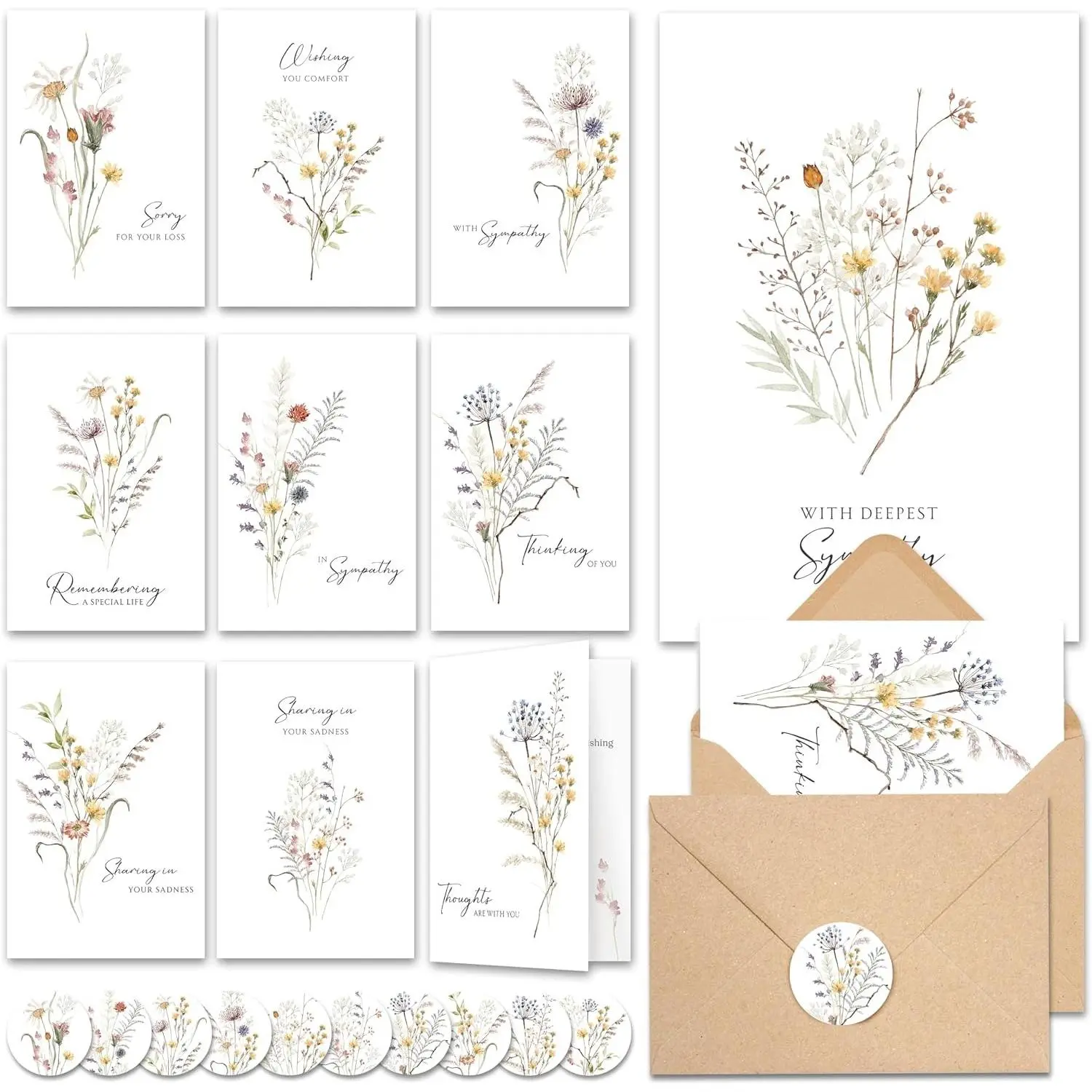 20 Pcs Sympathy Cards with Envelopes & Thoughtful Messages, 4"x6" Wildflowers Watercolor Condolence & Bereavement Cards Bulk Set with Matching Stickers, 10 Unique DesignsGift