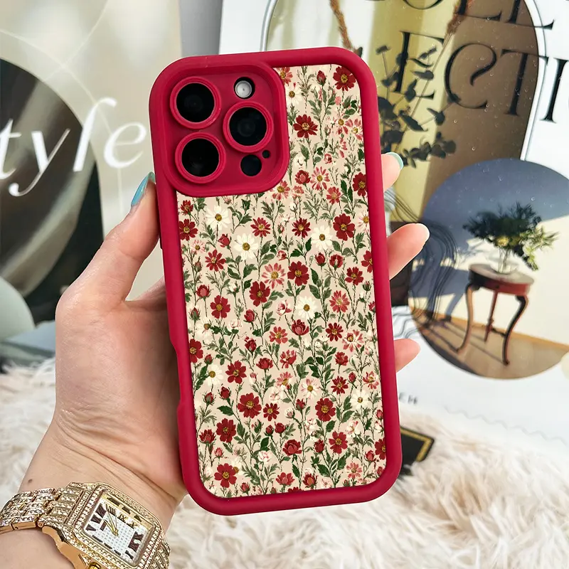 Burgundy Wildflower Meadow Phone Case, Vintage Red Daisy Floral Garden Style for iPhone 17 16 15 14 13 12 11 X Plus Pro Max, Shockproof Gift for Women