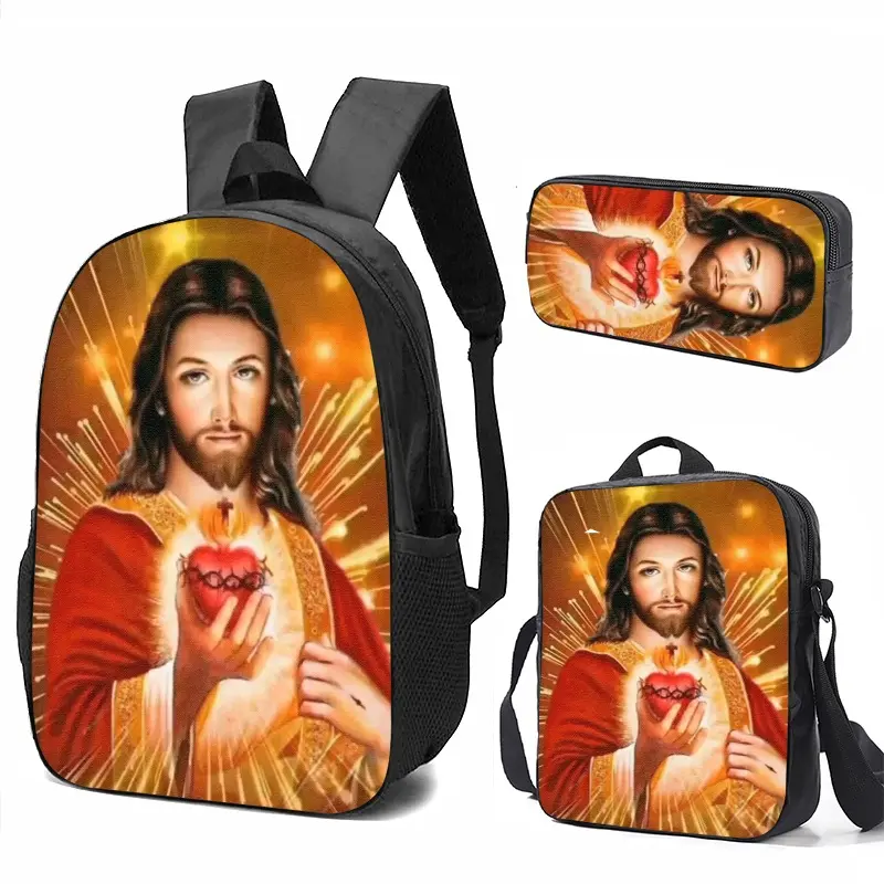Religious Art Sacred Heart of Jesus Golden Rays 3-Pcs Oxford Cloth Combo - Waterproof Backpack, Insulated Lunch Bag, Pencil Case - Safe-Material Christian Storage Kit For Faith Believers Kids School Use