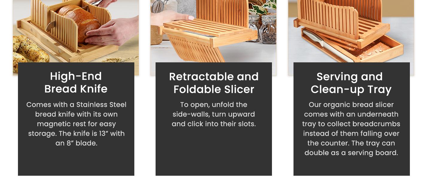 Bread Board & Bread Slicer for Homemade Bread - Foldable Slicing Guide, Crumb Tray with Knife - Compact Bread Loaf Slicer for Cakes, Bagels, Loaves - Kitchen Gadget & Gifts Stainless Steel