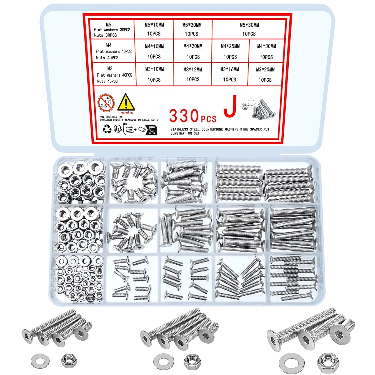Metric Rust-Resistant Stainless Steel Countersunk Hex Socket Head Screws & Nuts Kit - 330-Count M3-M5 Sets with Washers for Industrial Users, DIY Home Kits, Flat Surfaces