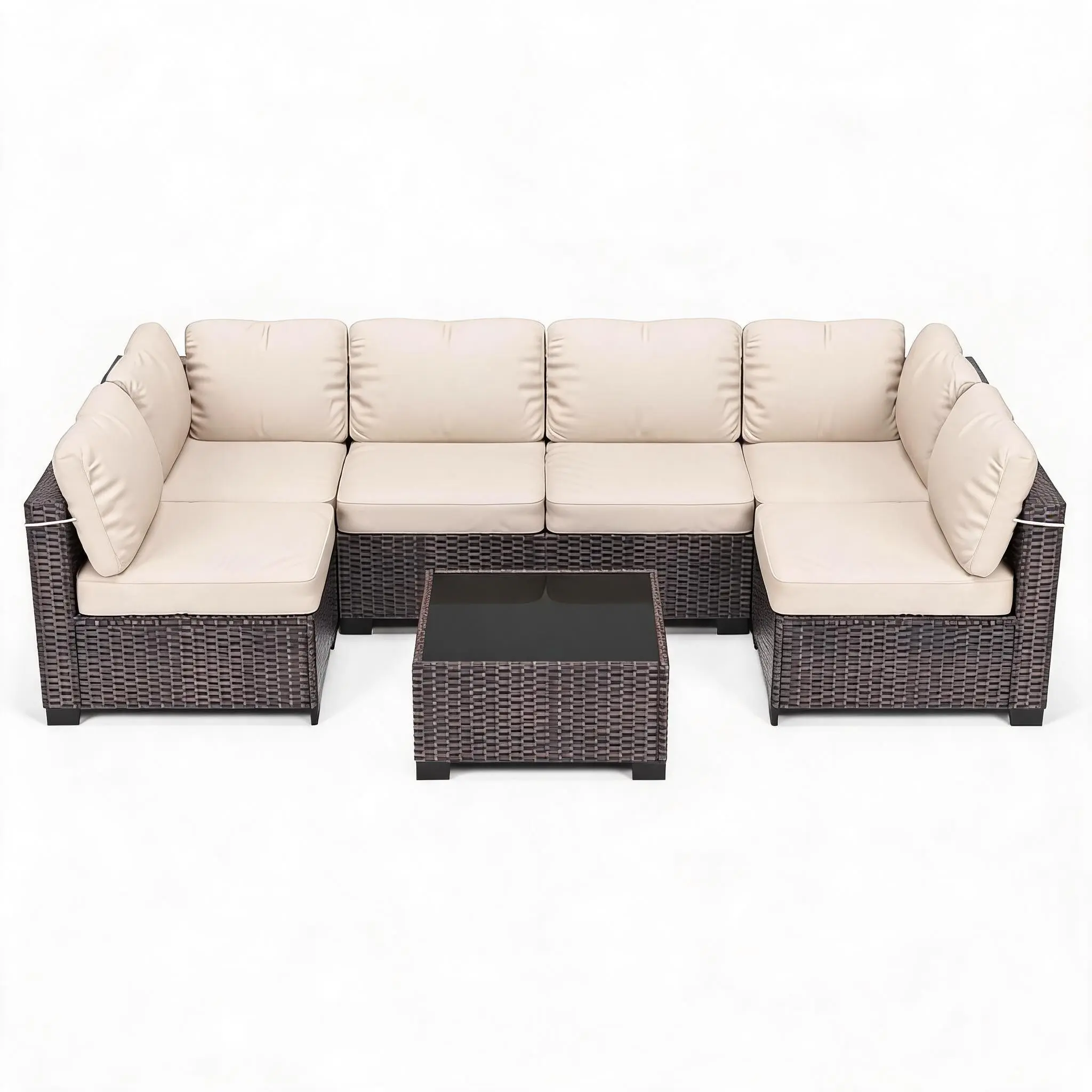 7-Piece Outdoor Patio Modular Sectional Sofa Set - All-Weather Wicker Rattan, Cushions, Coffee Table, Conversation Set for Garden, Backyard, Modular Set