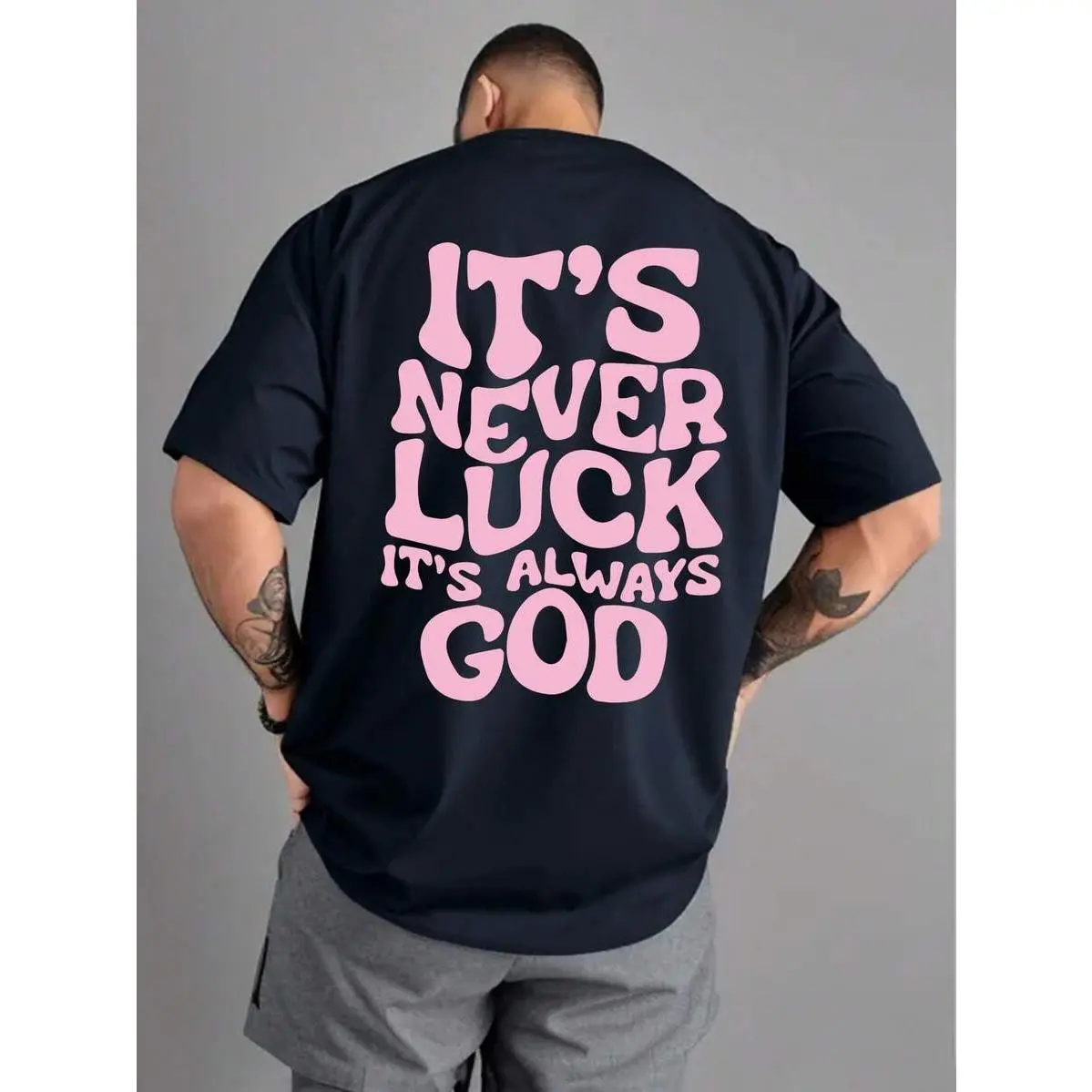 Men's Outdoor Sports Vintage "IT'S NEVER LUCK IT'S ALWAYS GOD" Graphic Tee, Suitable For Hiking, Fishing, Casual Daily Wear, Spring/Summer
