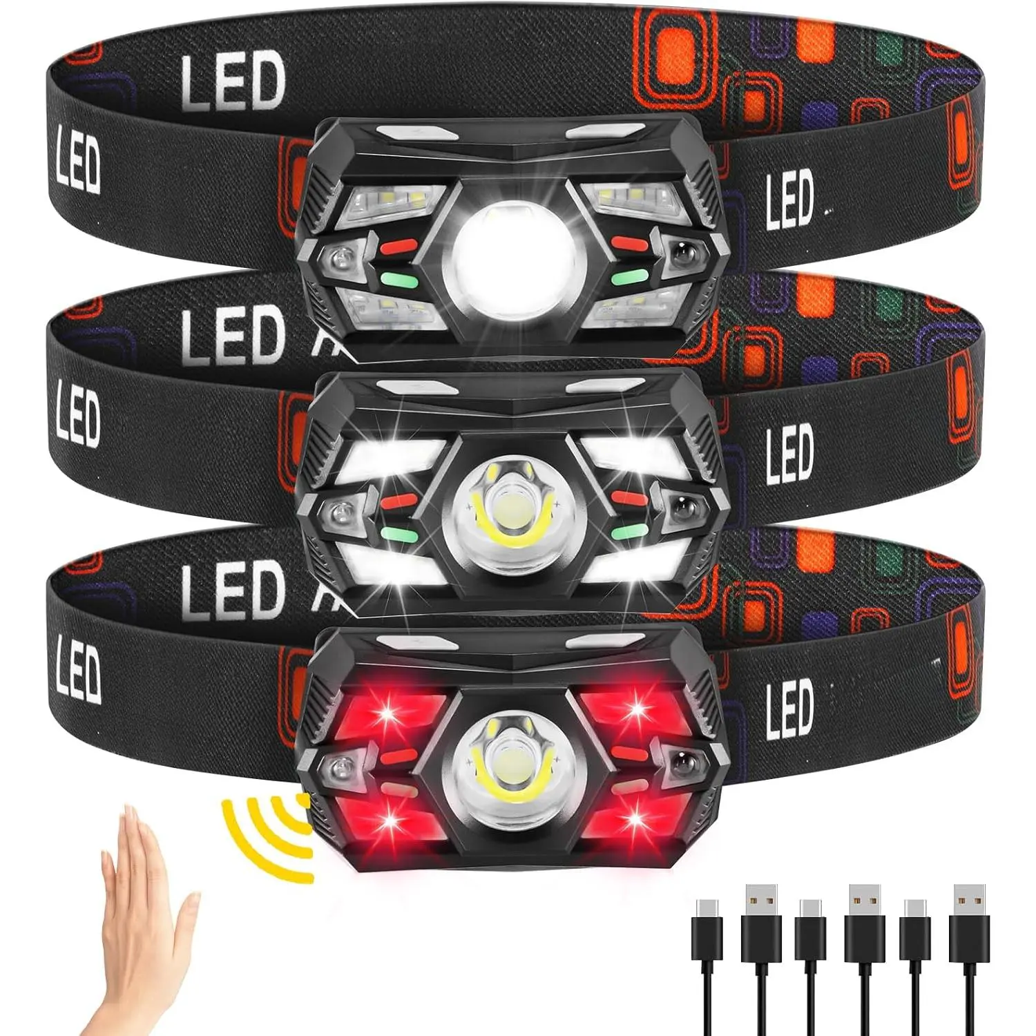 3Pack Headlamp Rechargeable, Super Bright Head Lamps LED Rechargeable, LED Headlight with Motion Sensor, Head Lights  Forehead with Red Light, Headlamps  Adults Kids Camping Essentials Running