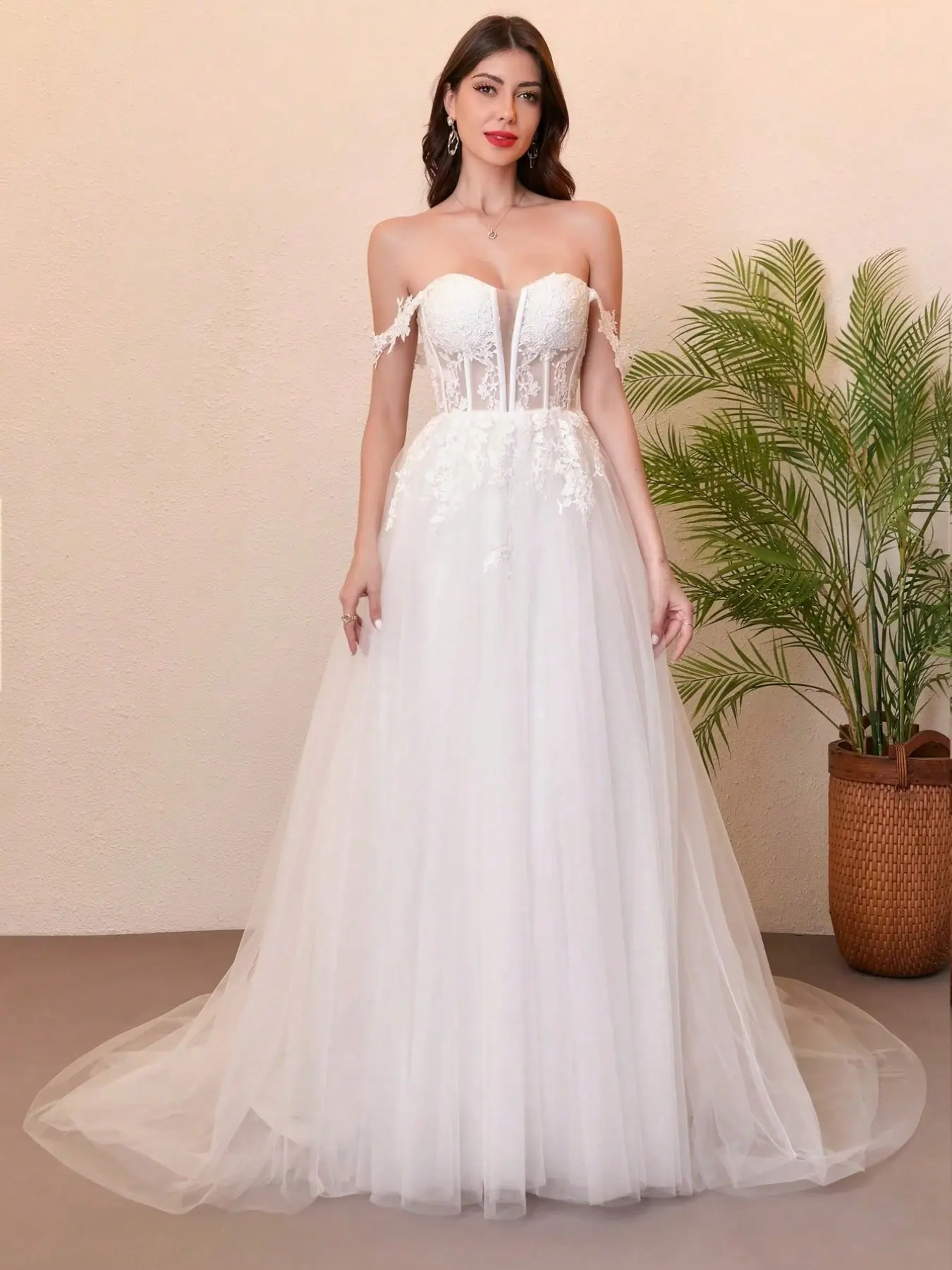 One-Shoulder Puff Dress Wedding Gown, Floral Lace Embroidery Design, Elegant Eliza Bride Dress, Suitable for Special Occasions