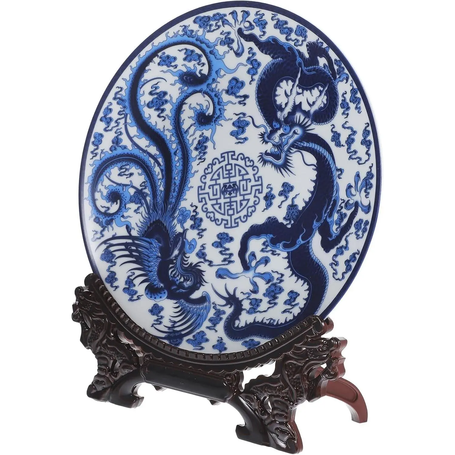 Traditional Vintage Chinese Dragon Porcelain Serving Plate with Stand, Blue and White Tableware Craft for Family Home Display (Wall or Tabletop Use)