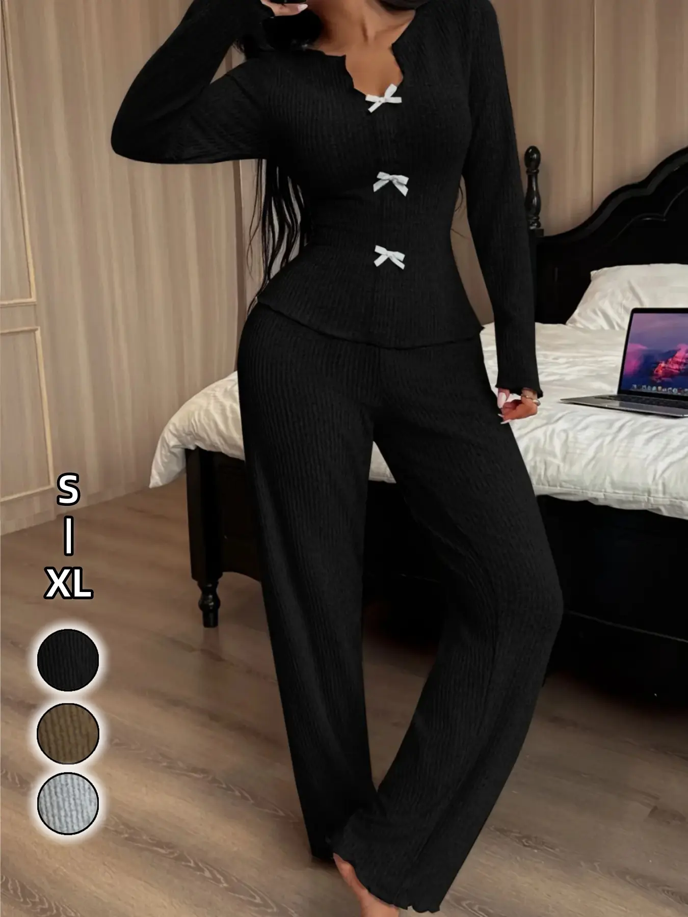 S-XL Women's Knit Two-Piece Sleepwear Set, Bow Front Long Sleeve Fitted Top and Wide Leg Pants, Soft Comfortable Pajama Set for Casual Wear, Loungewear