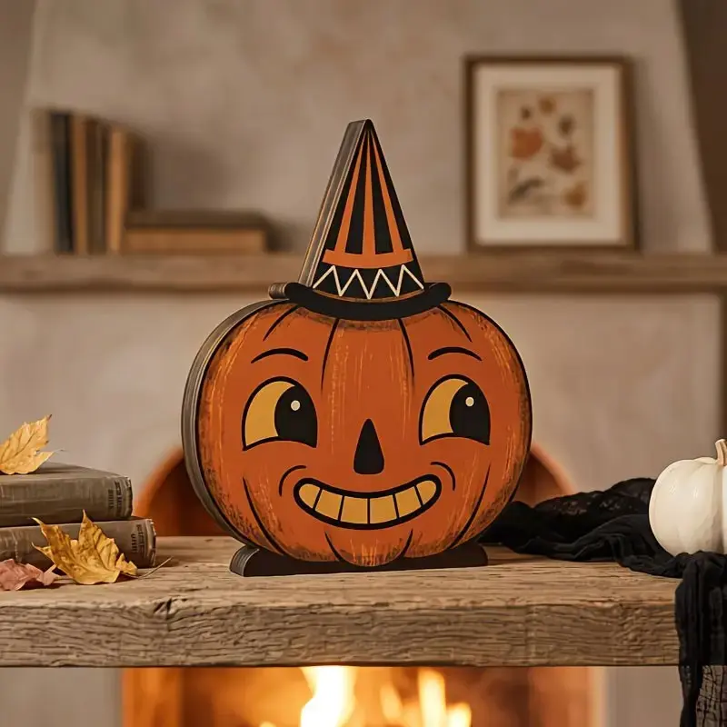 Vintage Halloween Wooden Handcrafted Decorative Ornament, Ghost, Pumpkin, Cat, Skull, Bat, Owl Shapes, Perfect Gift for Home, Party, Farmhouse Decoration