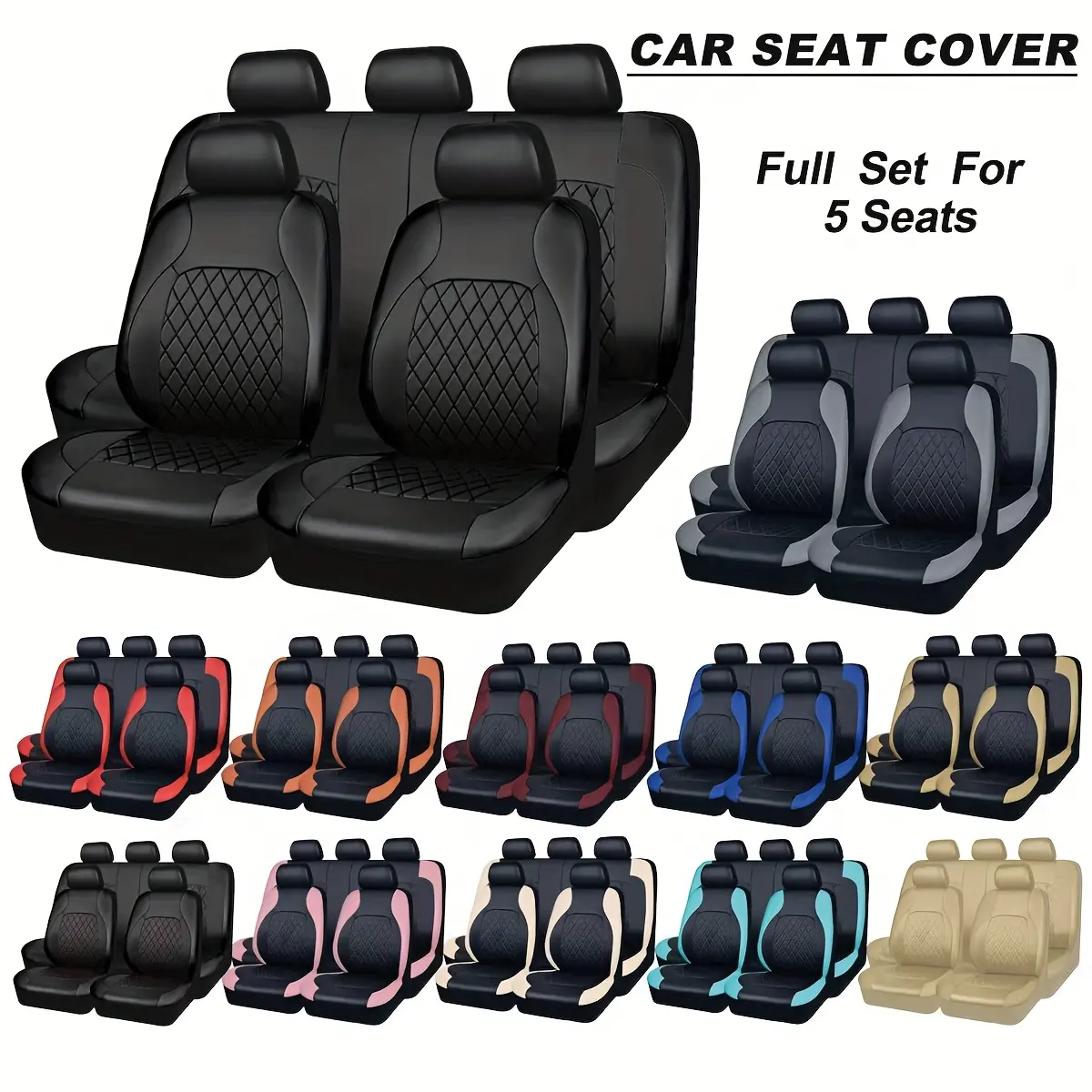 Light Luxury Quilted PU Leather Car Seat Covers, Full Set For 5-Seater Vehicles, Soft Wear-Resistant Auto Interior Protector, Automotive Seat Covers
