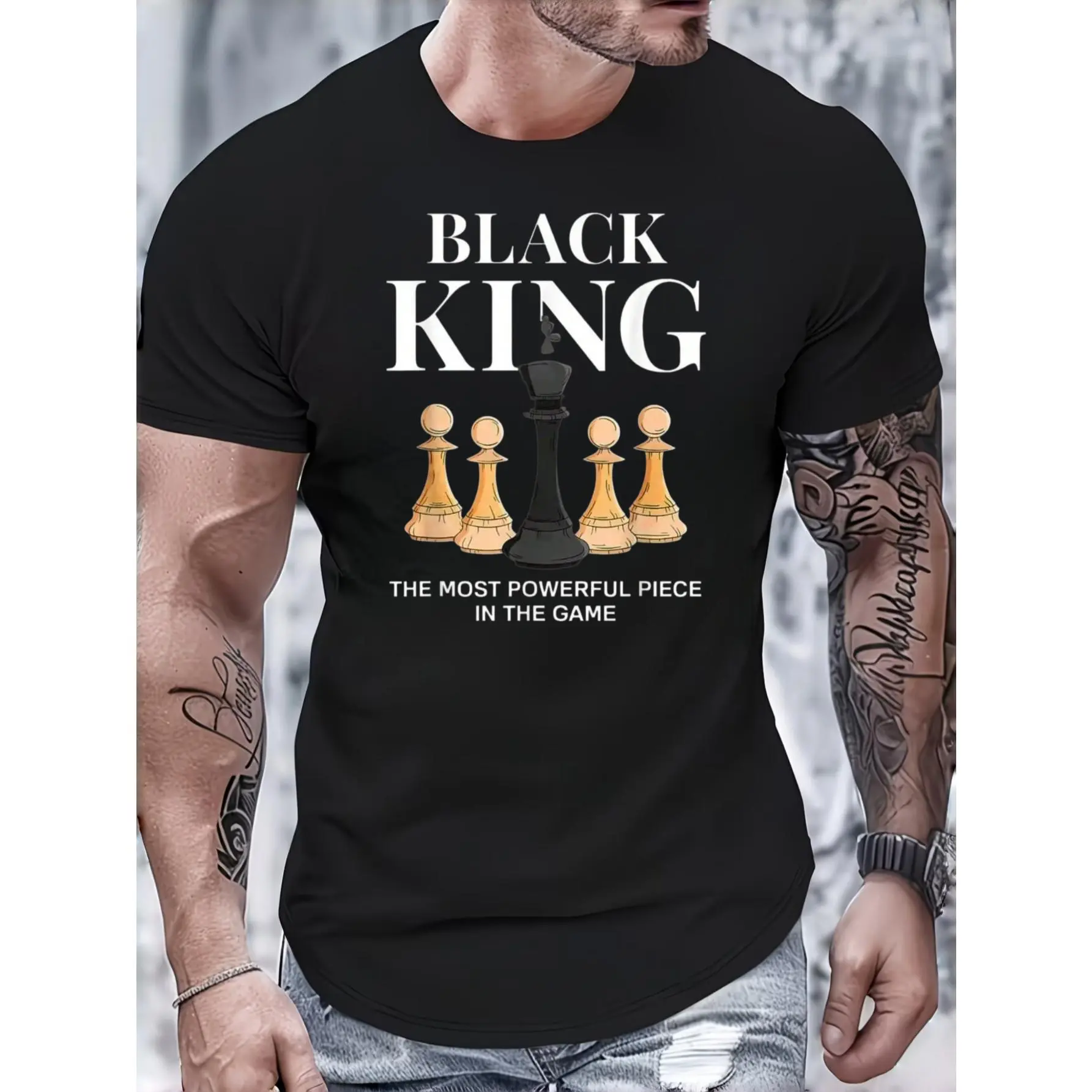 Men's Black King Chess Quote Graphic T-Shirt - Streetwear Fashion Menswear Unisex Casual Summer Party Gift for Chess Lovers, Tshirt