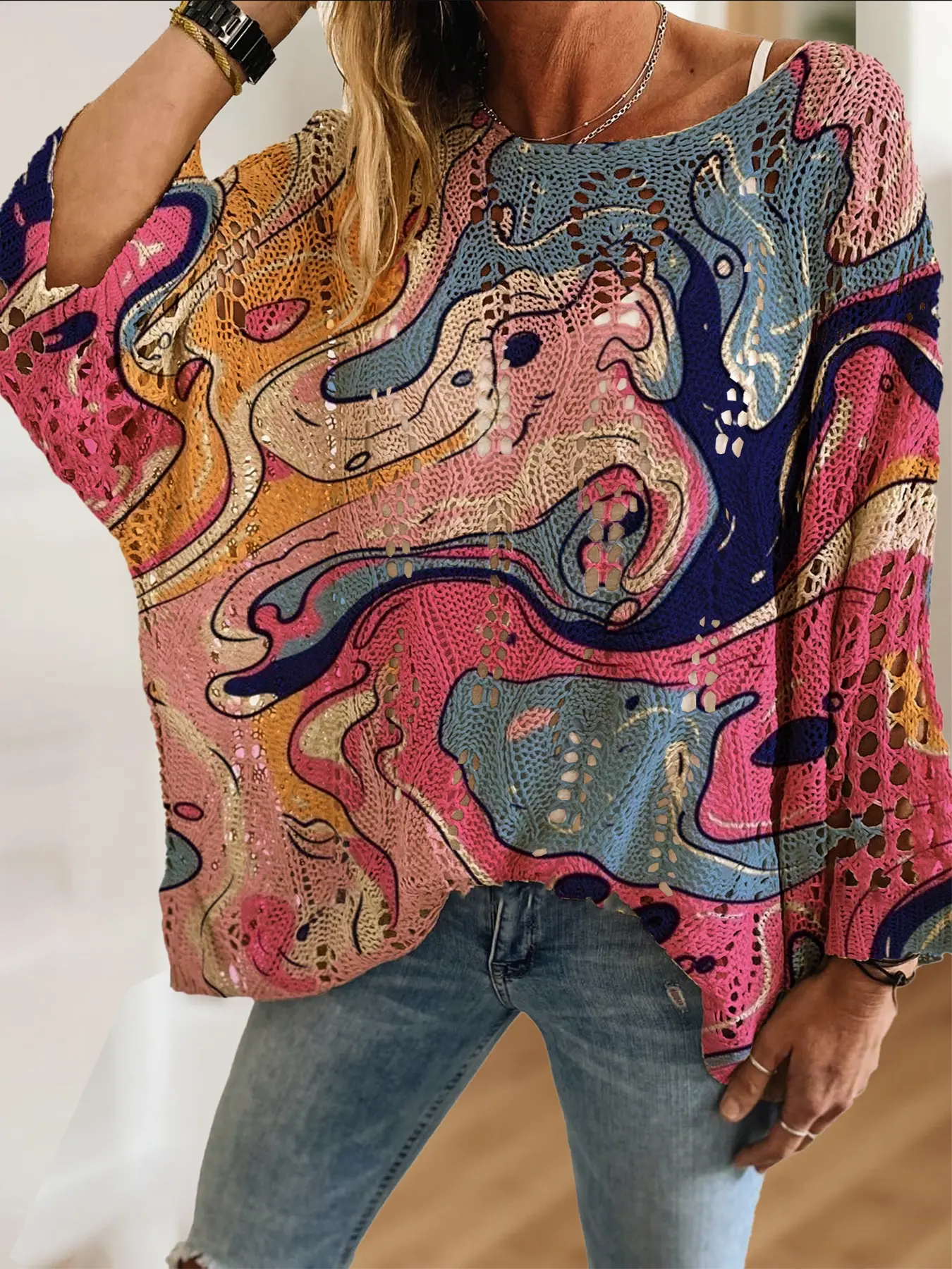 Women's Elegant Gradient Print Long Sleeve Knit Top, Casual Vacation Style Sweater, Comfortable Breathable Loose Fit, Batwing Shoulder Design