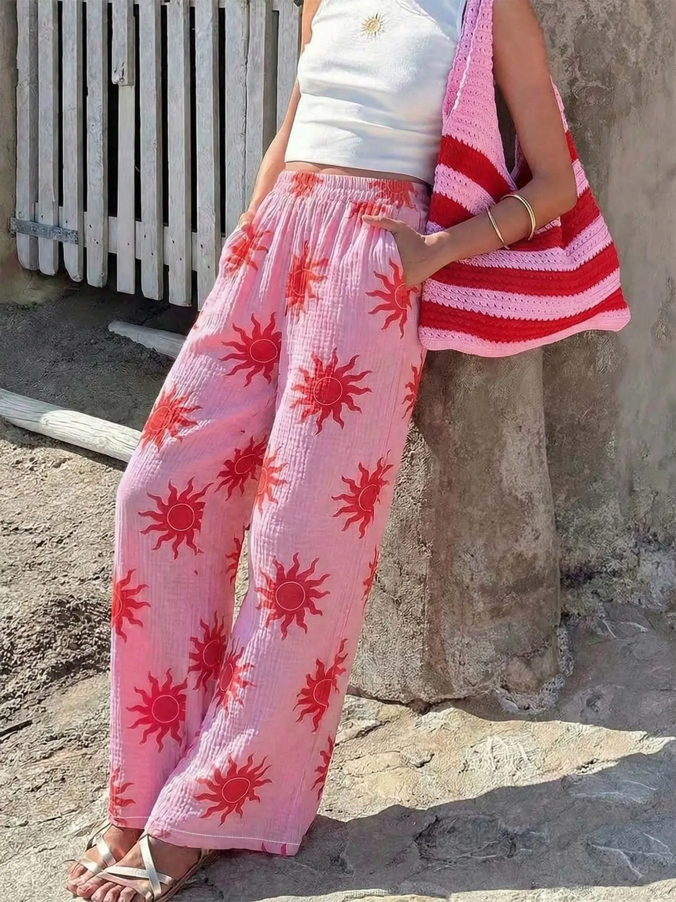 Sunflower Print Casual Loose Fit Baggy Pants with Pockets, Women's Summer Beach Long Trousers, Comfortable Elastic Waist Loungewear Sleepwear