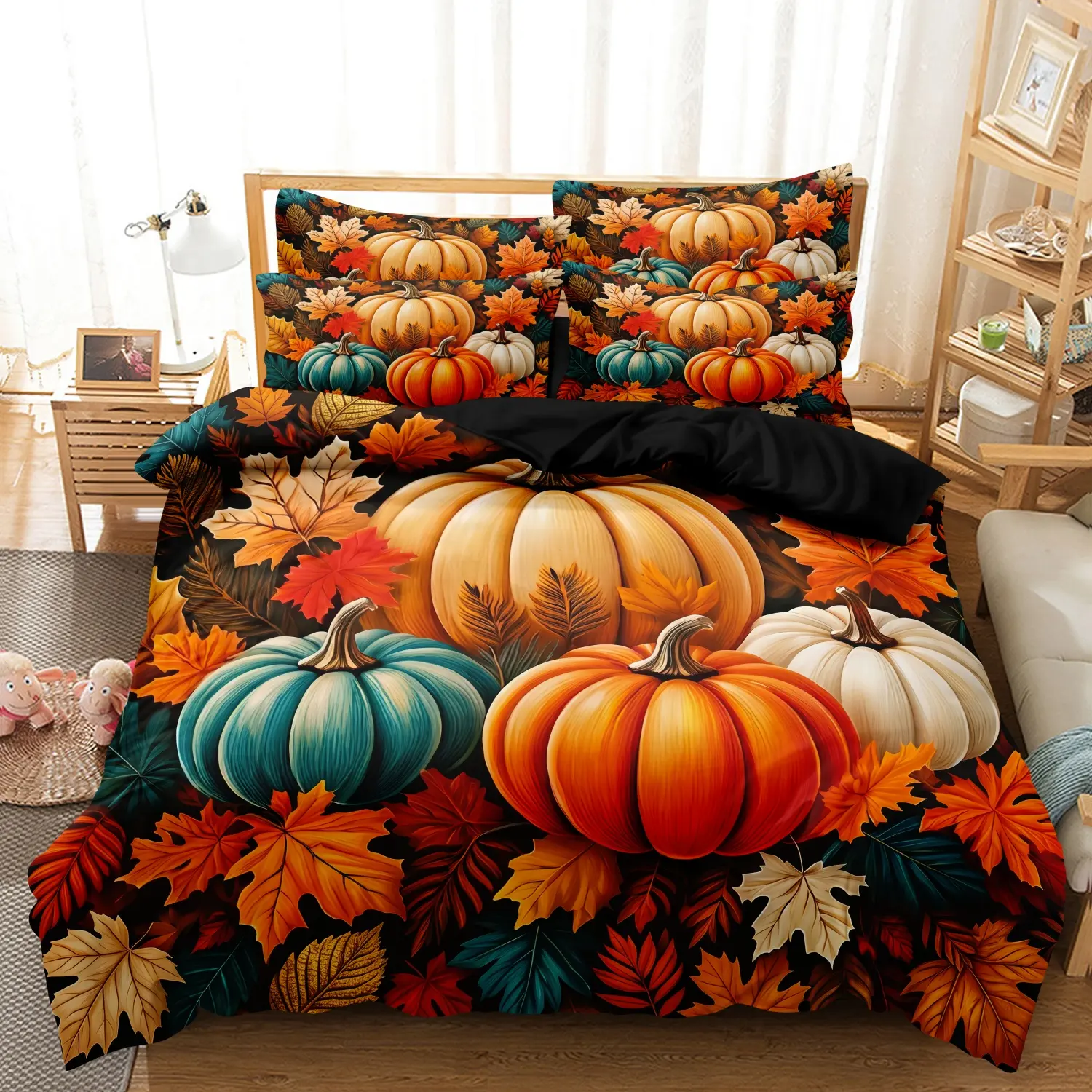 3 Pieces Fall Colorful Pumpkin Print Duvet Cover Set, Dark Base Teal Orange White Pumpkin Maple Leaf Autumn Harvest Printed Bedding, For Bedroom Decoration, Multiple Sizes Available (1 Duvet Cover + 2 Pillowcases, No Comforter No Pillow)
