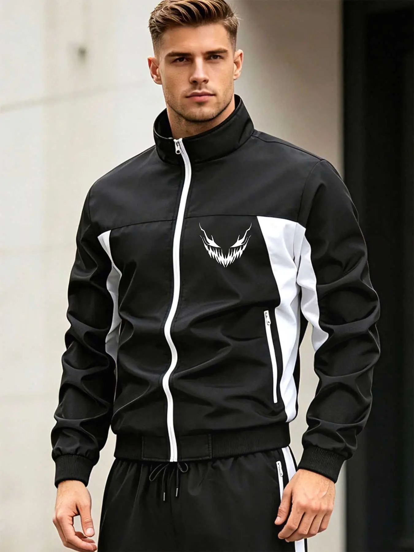 Men's Windproof Stand Collar Zipper Jacket, Devil Smile Pattern, Lightweight Cycling Gear, Loose Fit, Spring & Fall