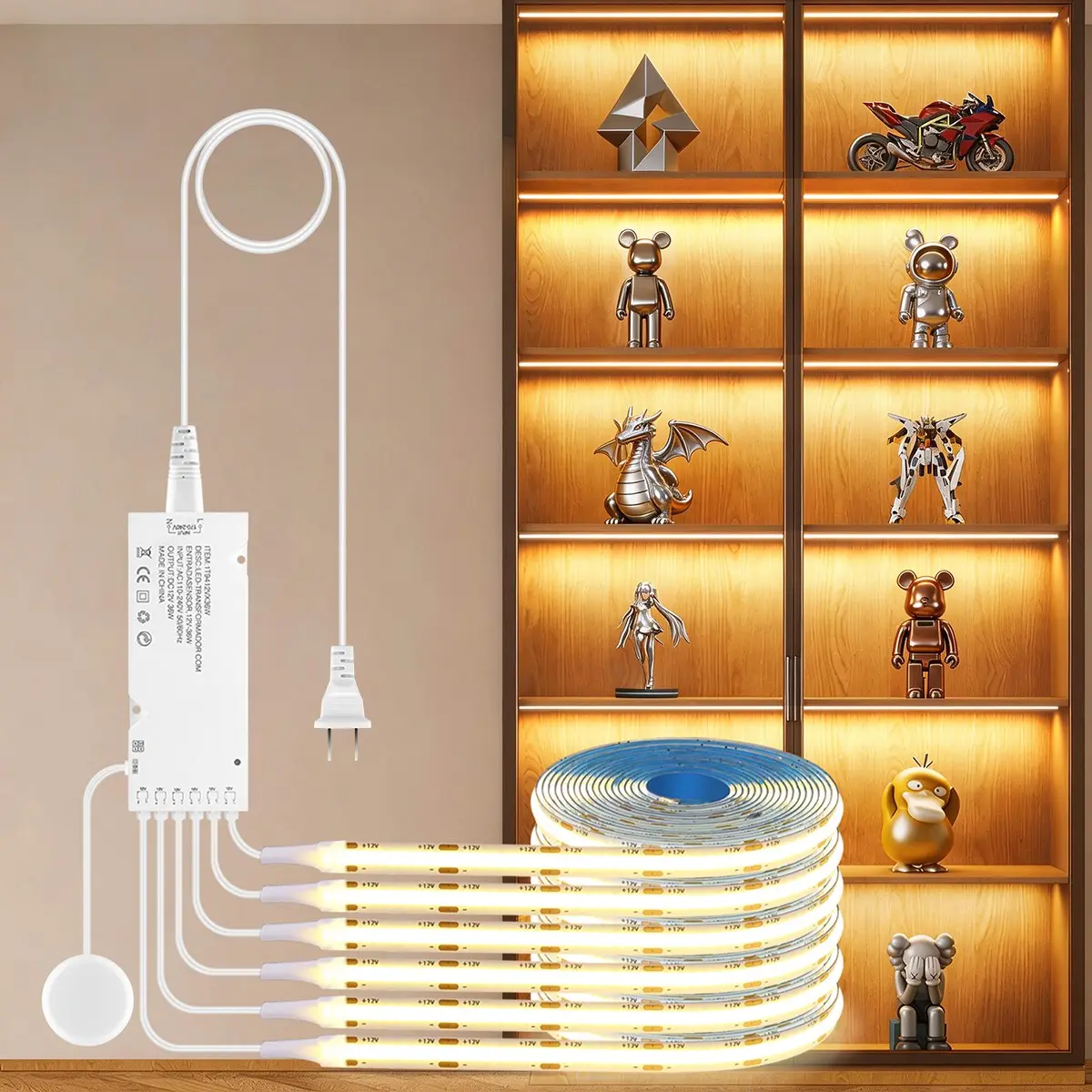 Display Cabinet LED Light, 12V Warm COB LED Strip, Touch Dimmer Switch,  Decorative Lighting for Kitchen Cabinets, Wardrobes, Bookshelves，Sound-Absorbing Wall Panels