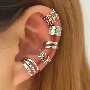 5 Piece Ear Cuff Set, Elegant Silver Tone Leaf & Circle Clip-On Earrings for Women, Non-Pierced Hypoallergenic Fashion Jewelry, Silver Set-5Pcs