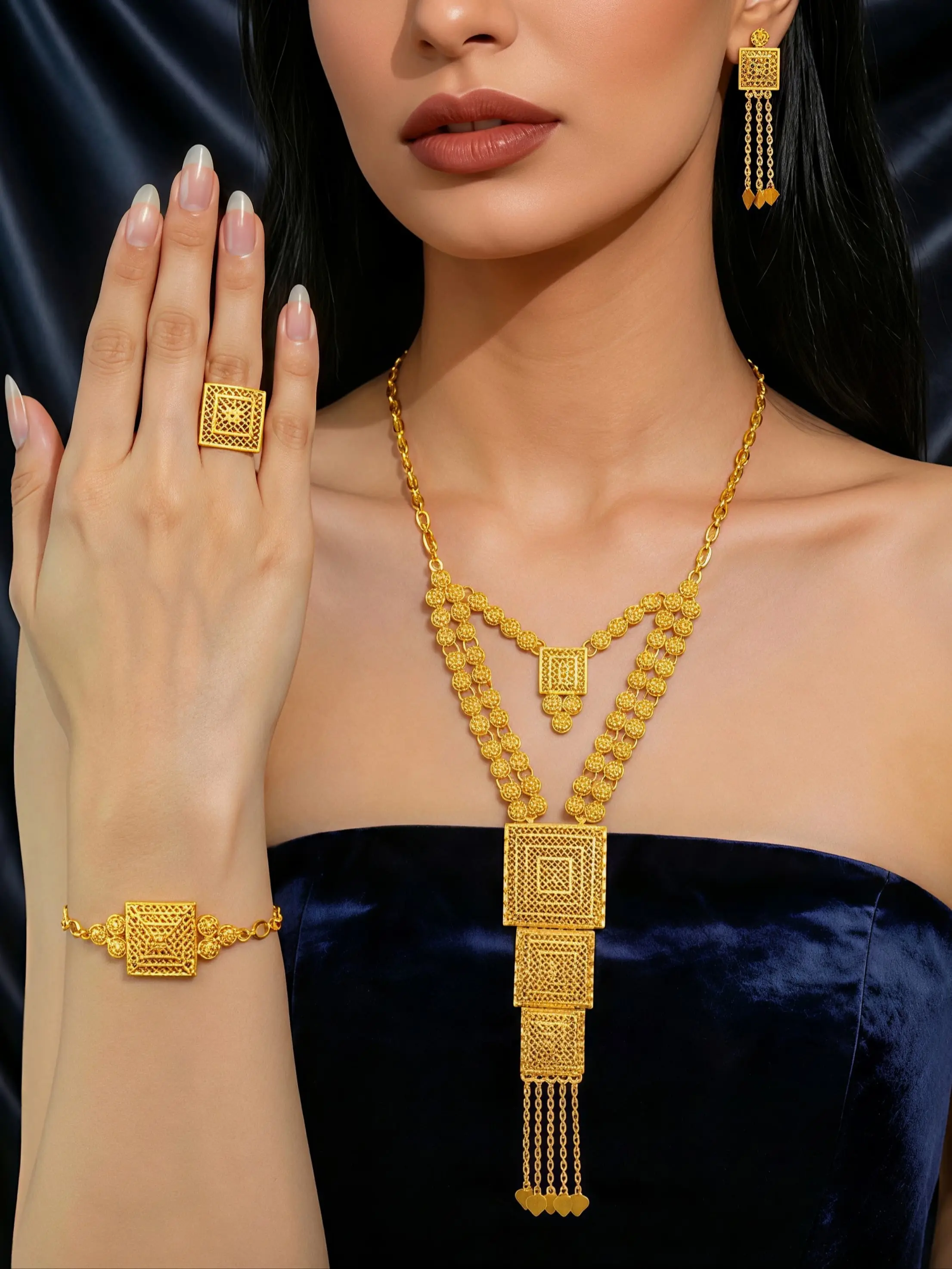 4-piece set of Middle Eastern, Indian, and African style gold-plated jewelry, fashionable geometric tassel necklace, ring, bracelet, earring, adjustable jewelry set suitable for bridal banquets, weddings, and parties Wedding Sets