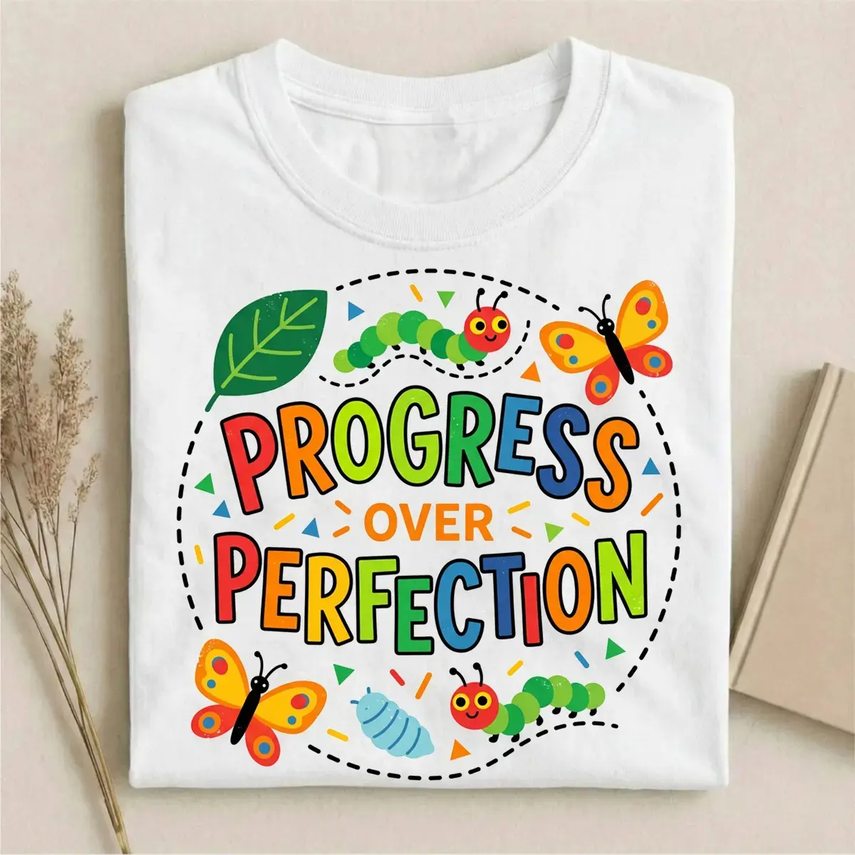 Progress Over Perfection Caterpillar Butterfly Graphic T‑Shirt, Growth Mindset Teacher Tee, Inspirational Elementary Preschool Classroom Shirt For Women